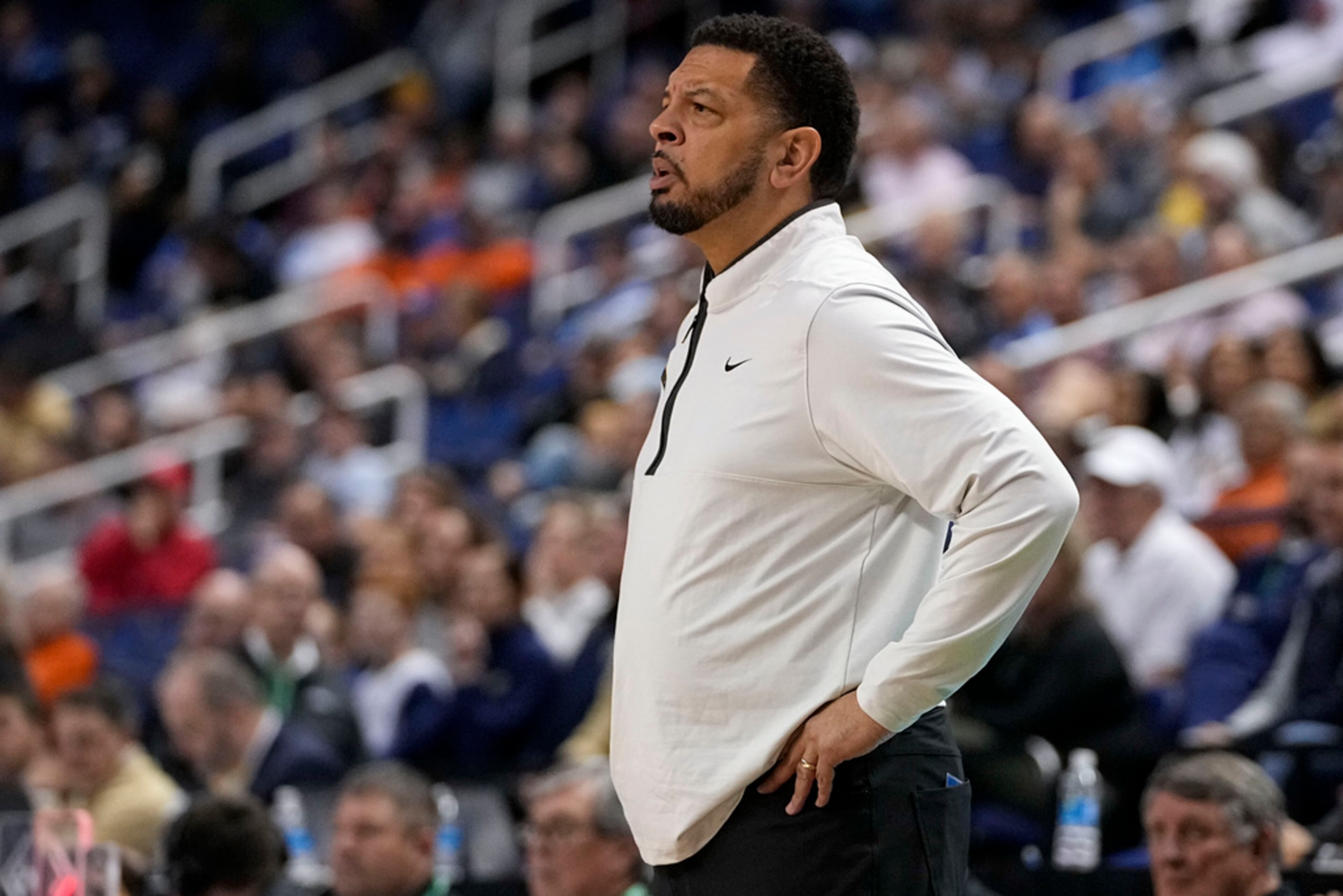 Pittsburgh head coach Jeff Capel watches during the first half of an NCAA college basketball game against Georgia Tech at the Atlantic Coast Conference Tournament, Wednesday, March 8, 2023, in Greensboro, N.C. (AP Photo/Chris Carlson)