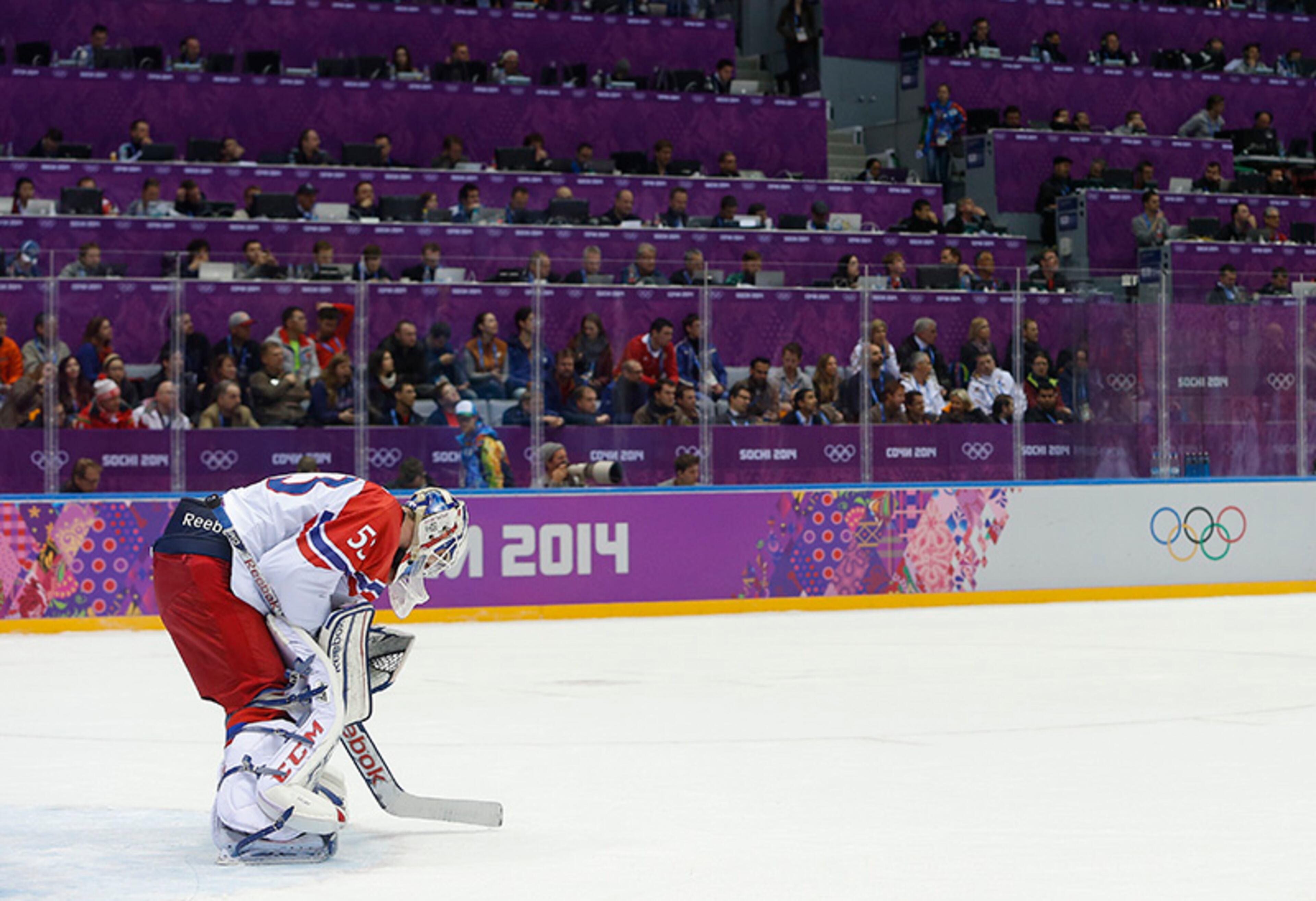 Czech Republic goaltender Alexander Salak reacts after a goal by Sweden in the second period of a men's ice hockey game at the 2014 Winter Olympics, Wednesday, Feb. 12, 2014, in Sochi, Russia. Sweden won 4-2.
