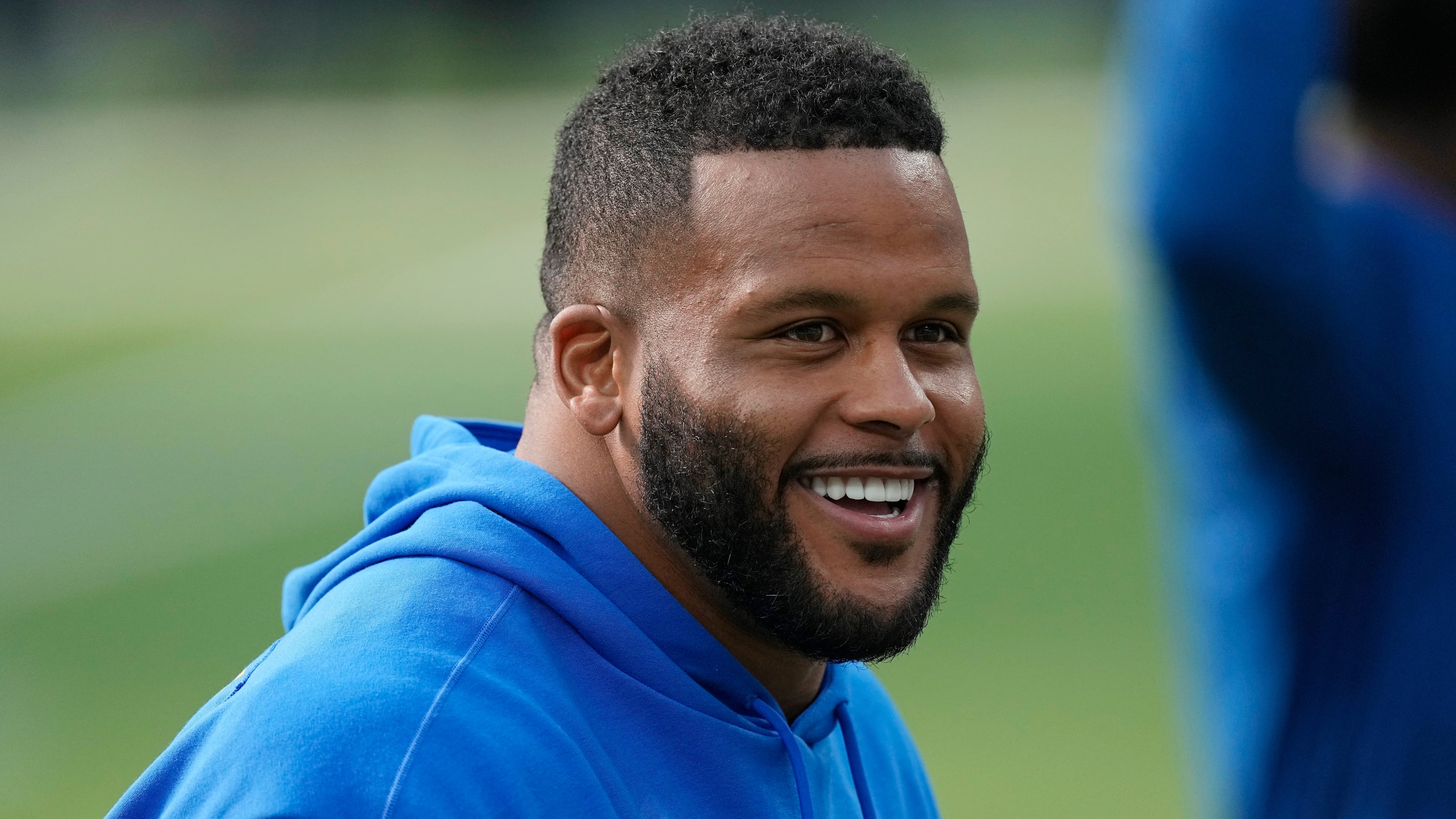 FILE - Los Angeles Rams defensive tackle Aaron Donald warms up before an NFL football game against the Cleveland Browns, Dec. 3, 2023, in Inglewood, Calif. (AP Photo/Mark J. Terrill, File)