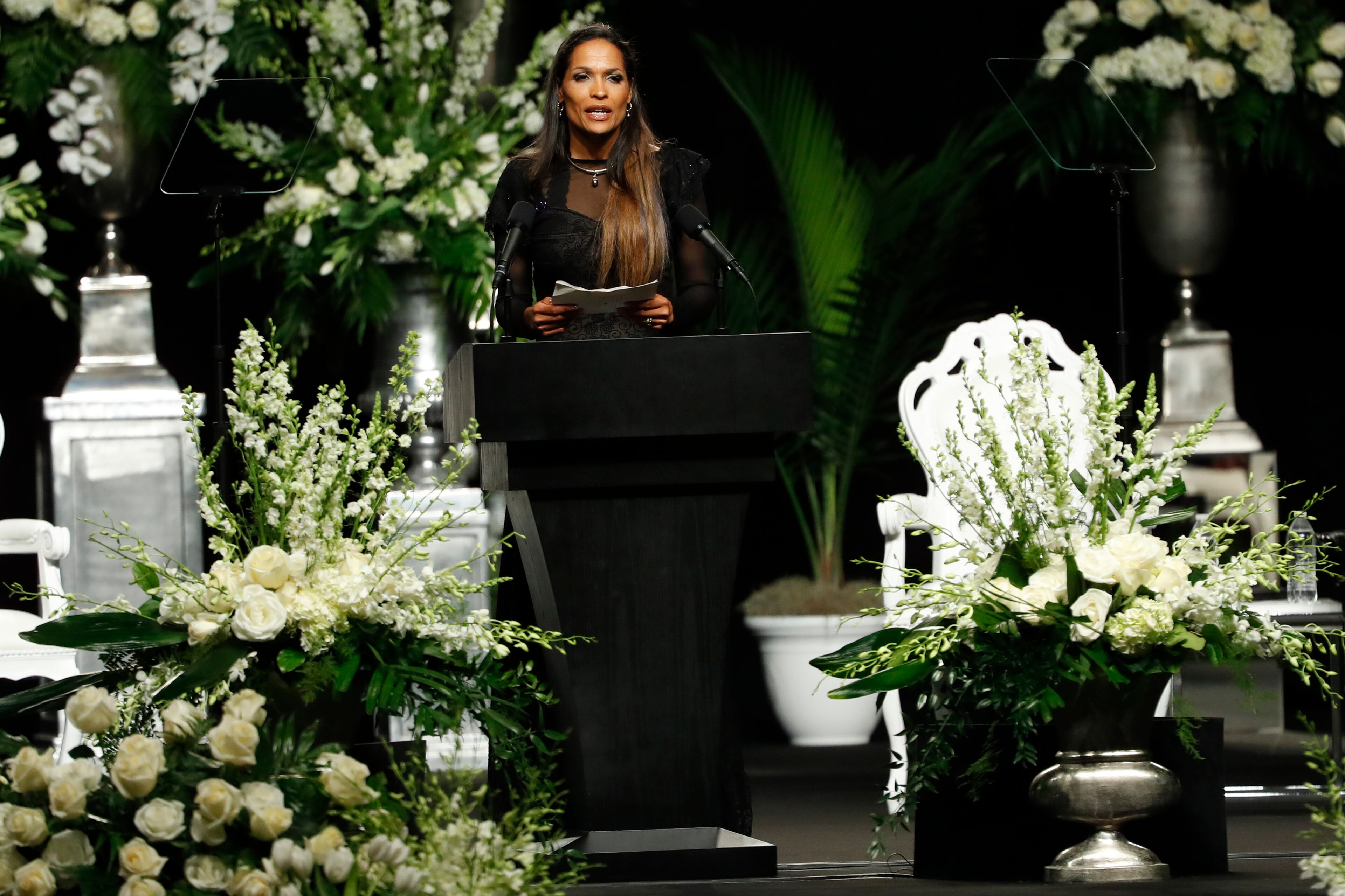 Rasheda Ali-Walsh speaks during a memorial service for boxing legend Muhammad Ali on June 10, 2016 at the KFC Yum! Center in Louisville, Kentucky. Ali died June 3 of complications from Parkinson's disease. (Photo by Aaron P. Bernstein/Getty Images)