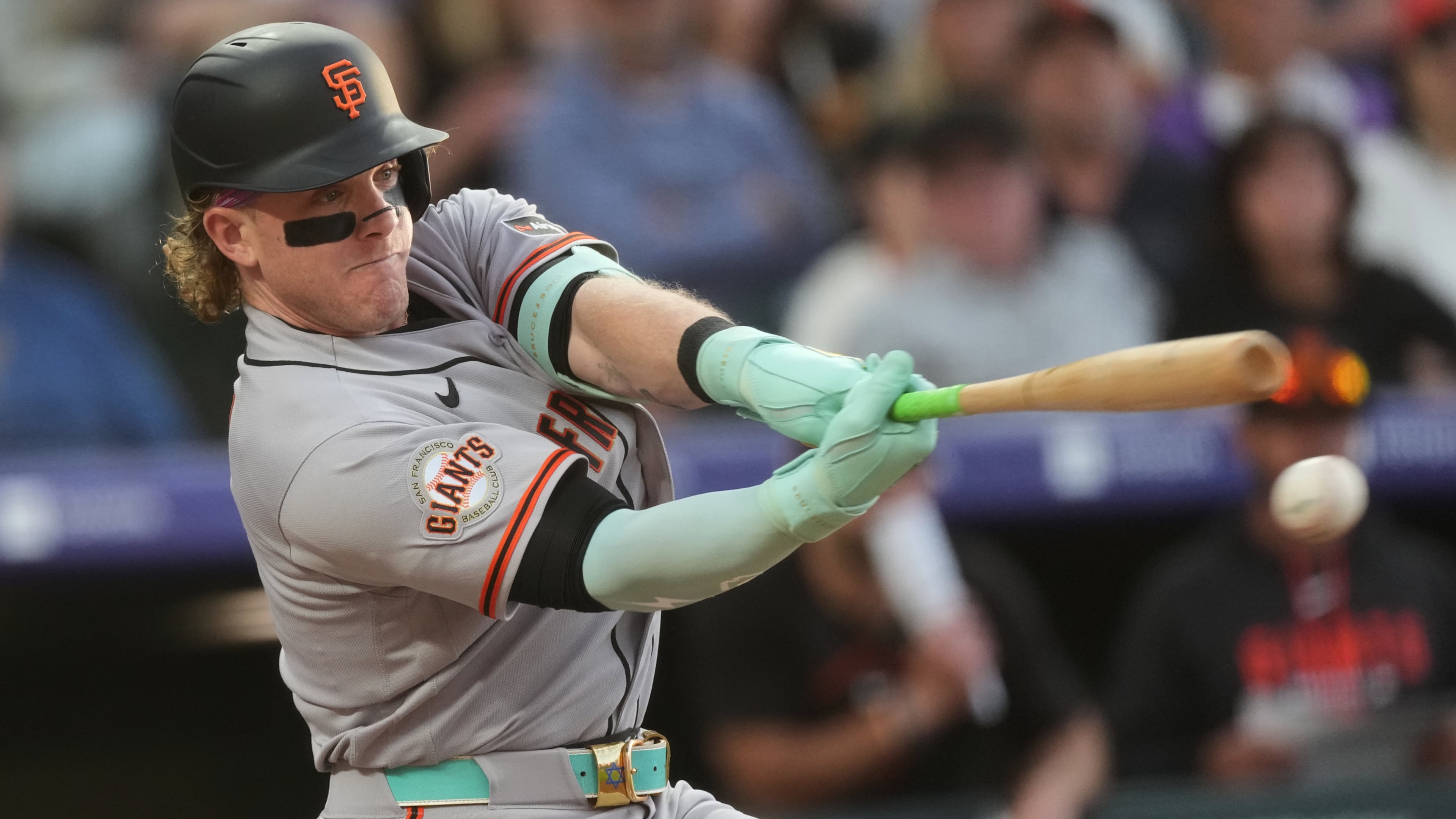 FILE - San Francisco Giants' Harrison Bader (9) bats in the fourth inning of a baseball game, May 29, 2026, in Denver. (AP Photo/David Zalubowski, File)