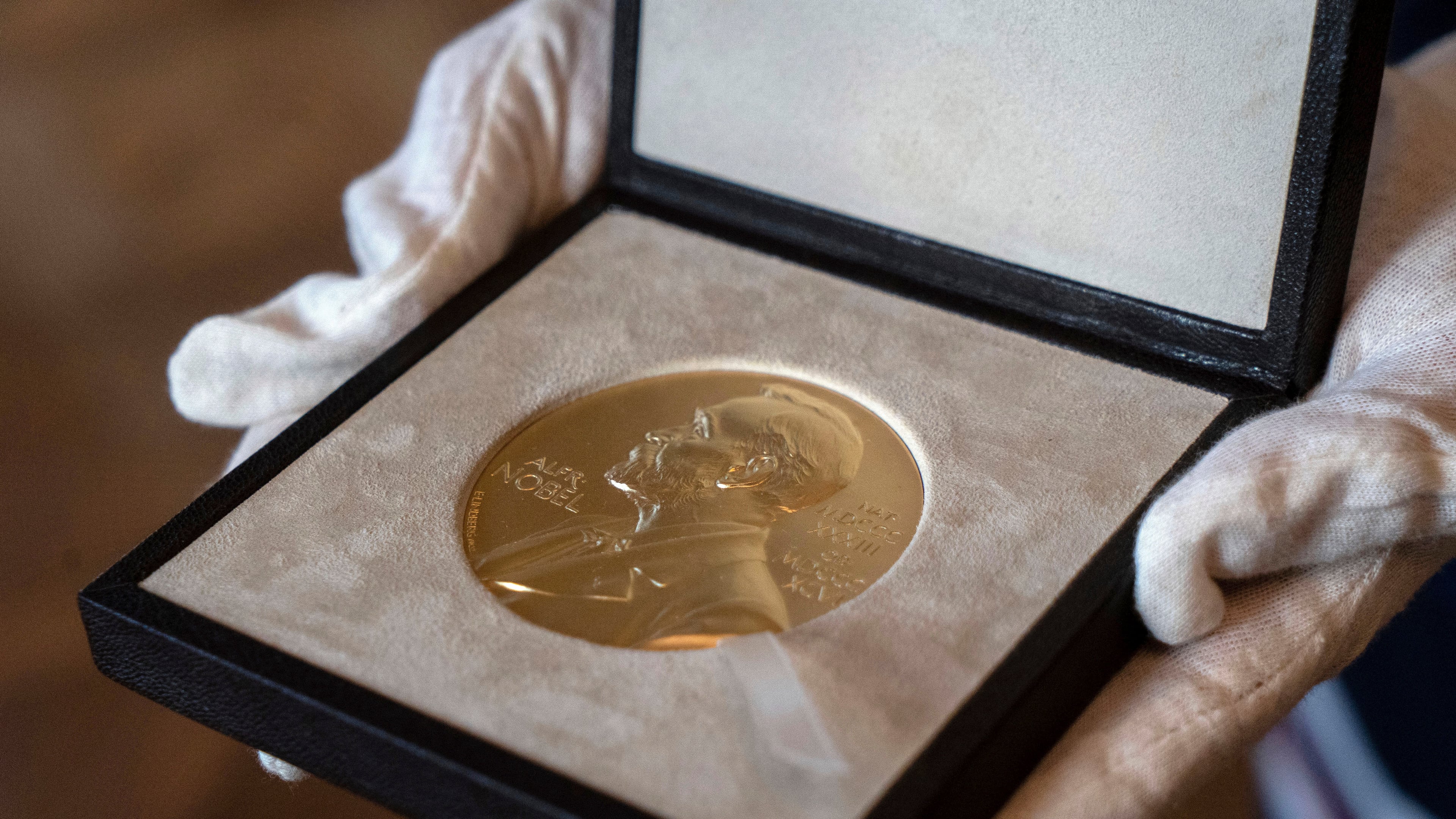 FILE - A Nobel medal is seen at the Swedish ambassador's residence in London, Dec. 8, 2020. (Niklas Halle'n/Pool via AP, File)