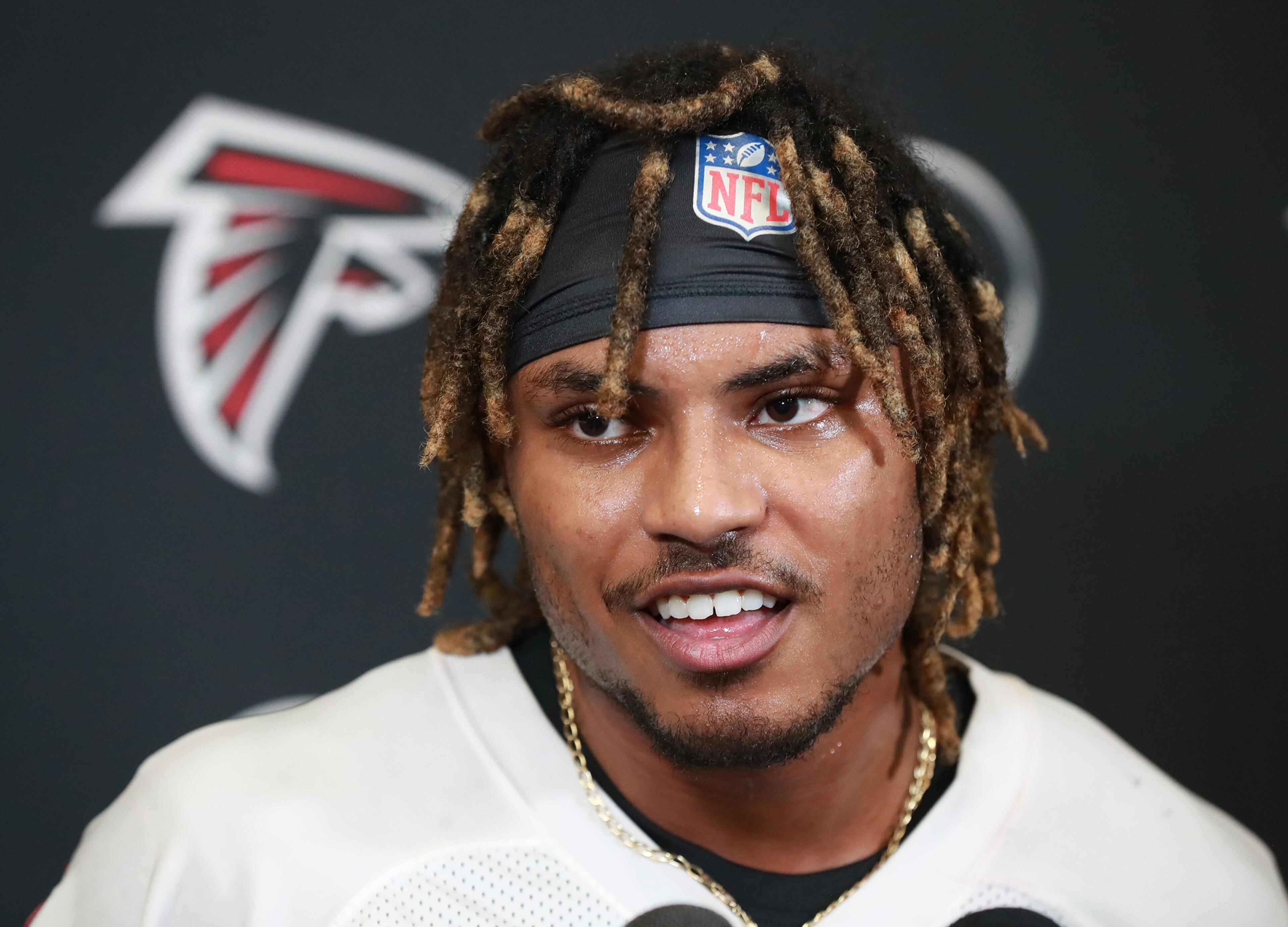 May 11, 2019 Flowery Branch: Atlanta Falcons cornerback Jordan Miller takes questions from the media during rookie minicamp on Saturday, May 11, 2019, in Flowery Branch. Curtis Compton/ccompton@ajc.com