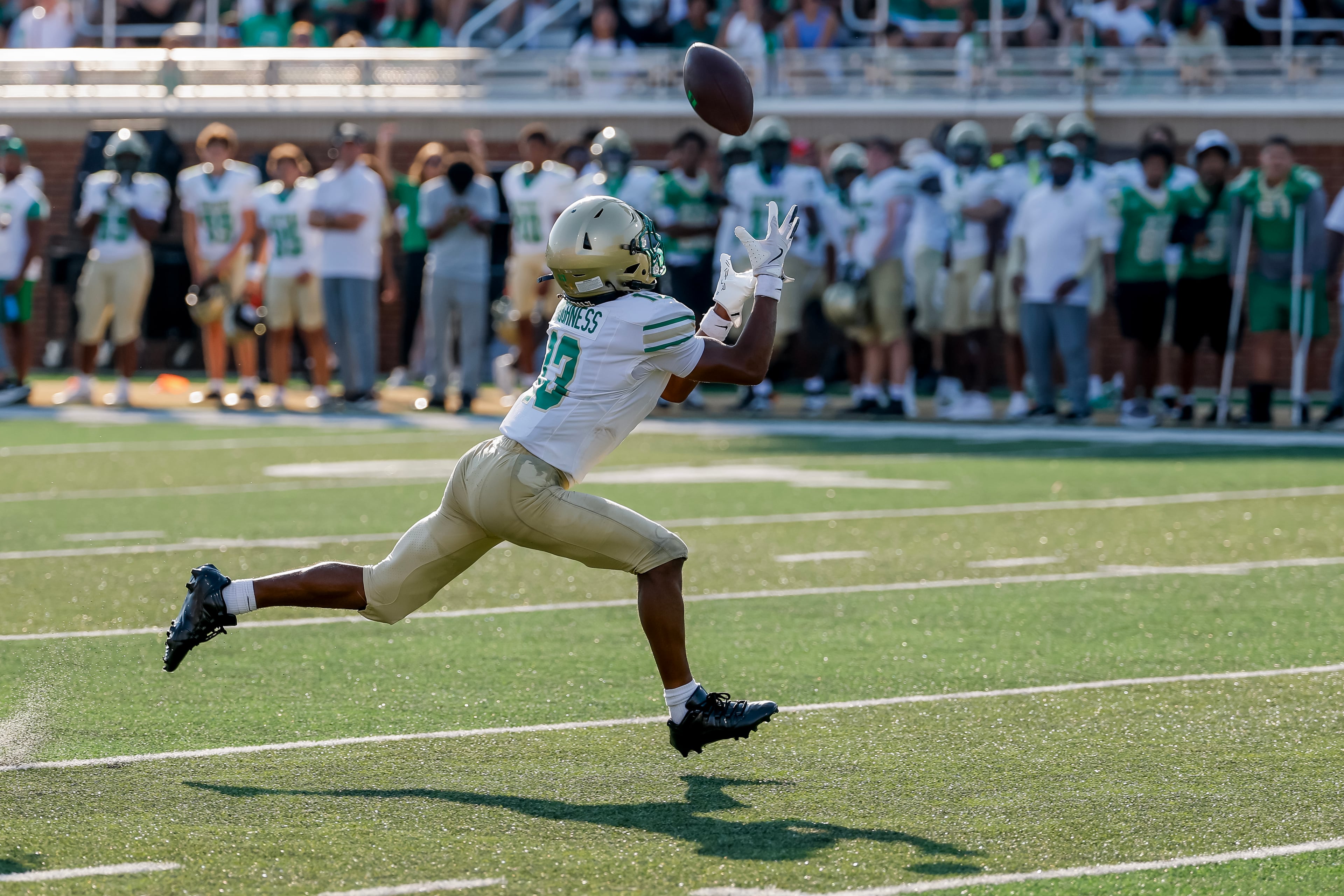 Buford's Braylon Williams misses a pass reception during the first half of a high school football game between Buford and Gainesville, Saturday, Aug. 22, 2026, in Buford, GA. (Erik S. Lesser for the AJC)