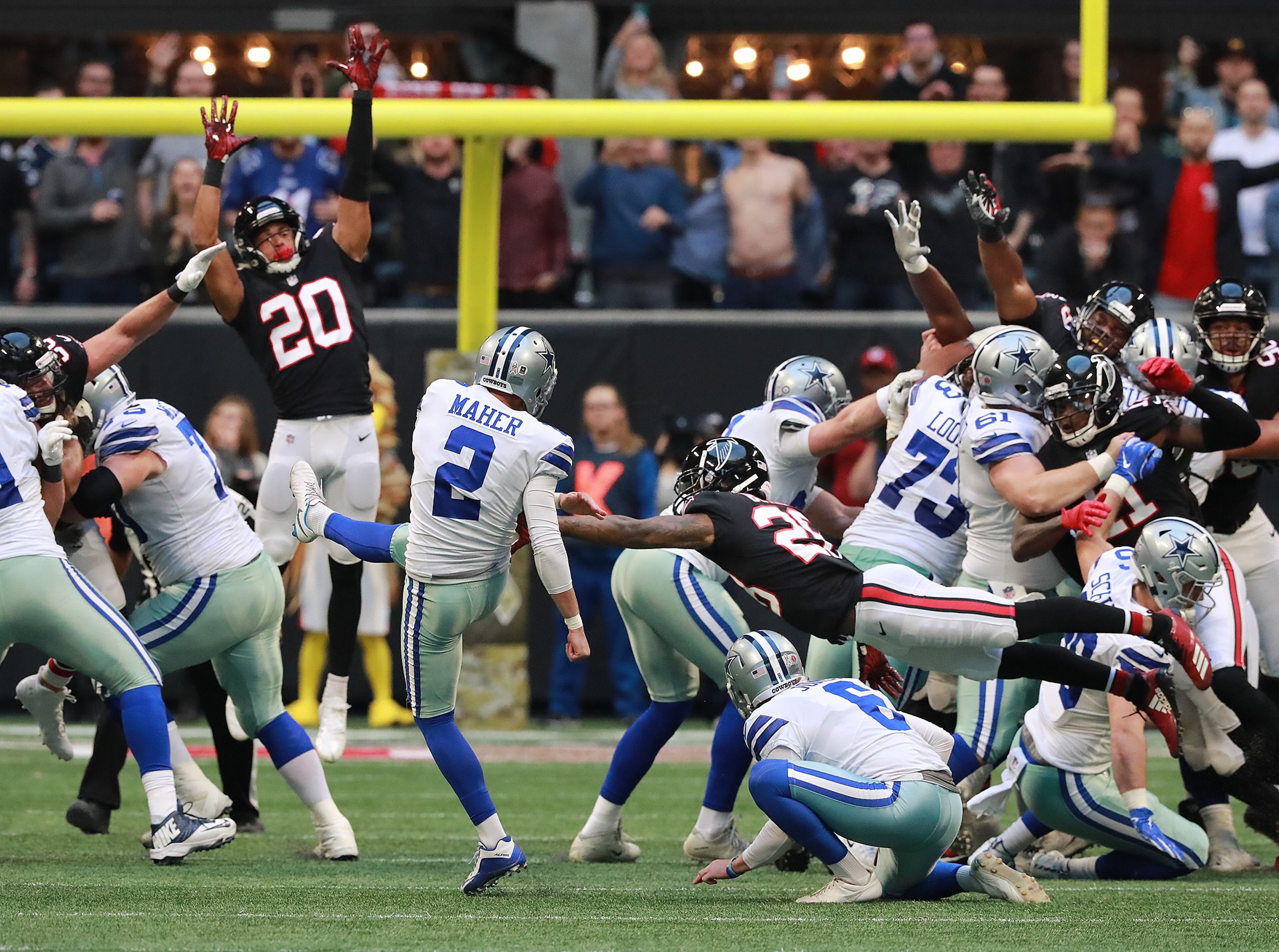 Nov 18, 2018 Atlanta: Dallas Cowboys kicker Brett Maher kicks the game winner for a 22-19 victory over the Falcons as time expires in a NFL football game on Sunday, Nov. 18, 2018, in Atlanta. Curtis Compton/ccompton@ajc.com