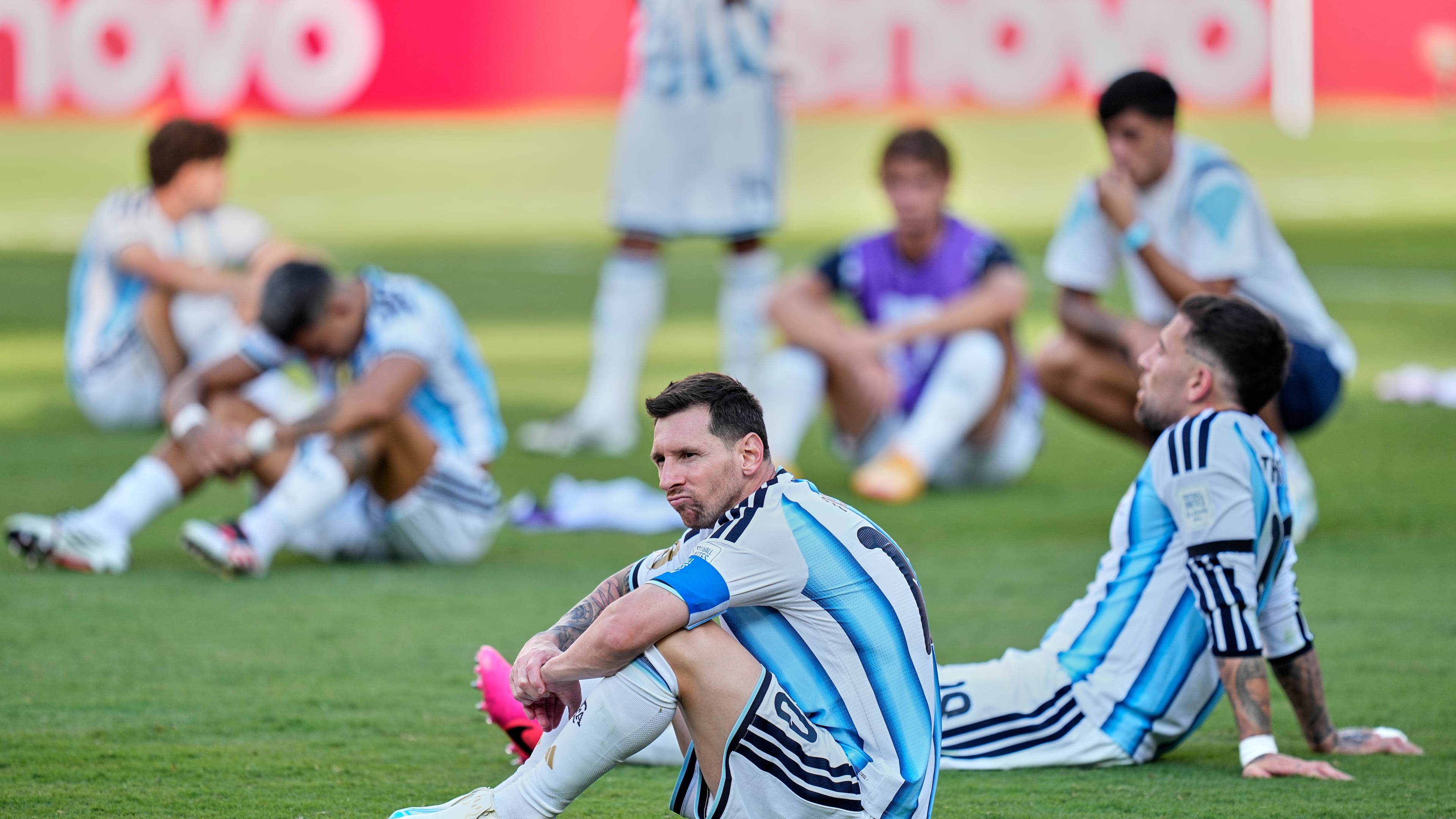 Argentina's Lionel Messi (10) reacts after the World Cup final soccer match between Spain and Argentina in East Rutherford, N.J., near New York, Sunday, July 19, 2026. (AP Photo/Ashley Landis)