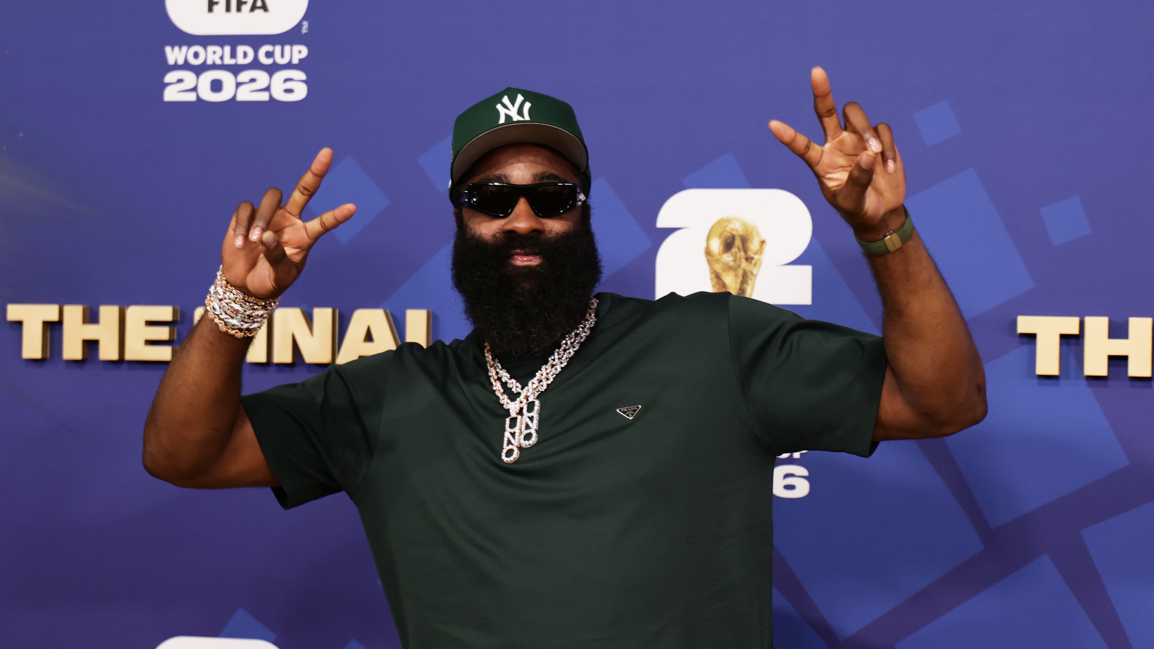 James Harden arrives before the World Cup final soccer match between Spain and Argentina in East Rutherford, N.J., near New York, Sunday, July 19, 2026. (AP Photo/Adam Hunger)