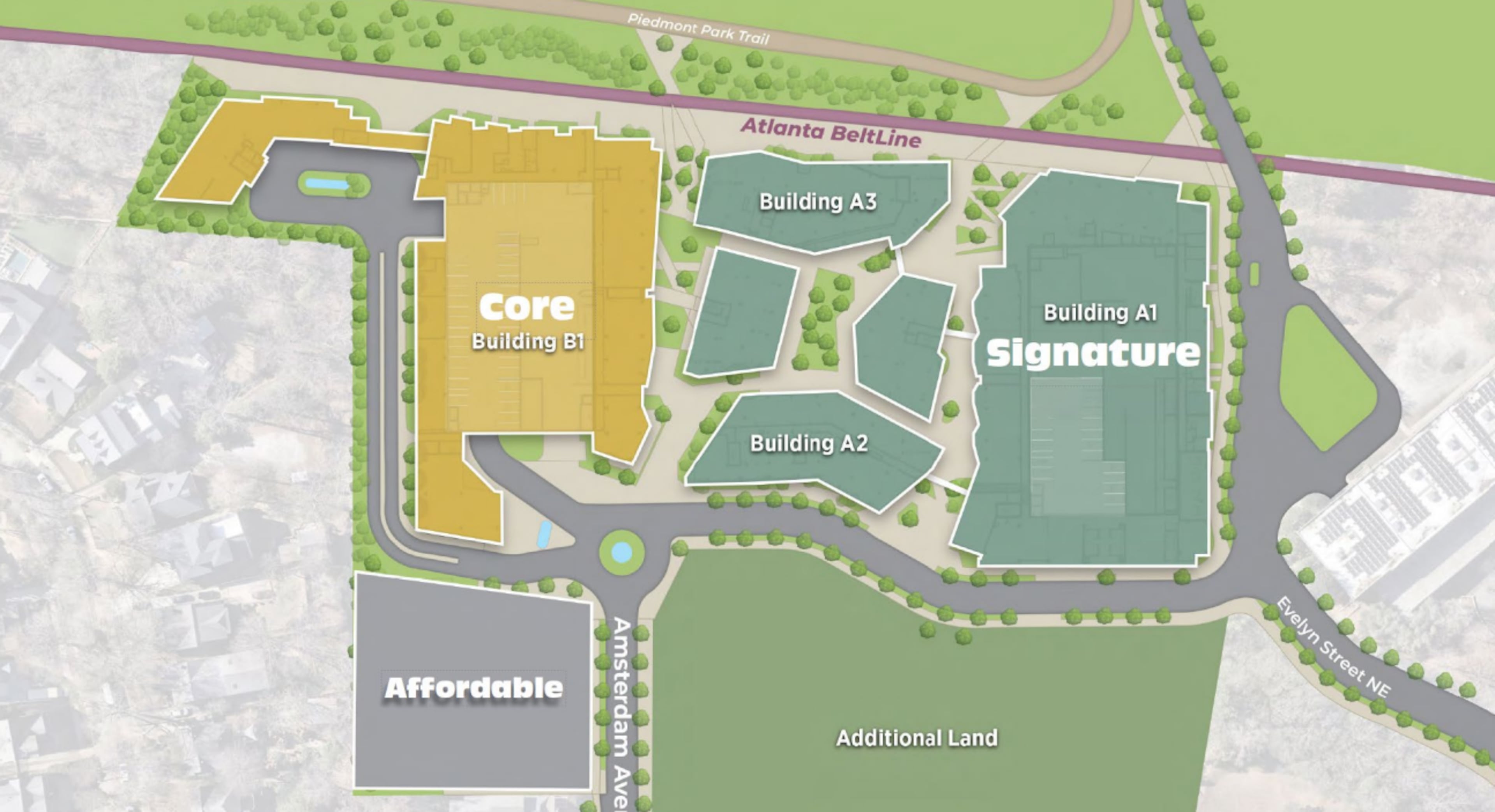 This is a site map of Portman Holdings' planned redevelopment of Amsterdam Walk near Piedmont Park and the Atlanta Beltline. (Courtesy of Invest Atlanta)