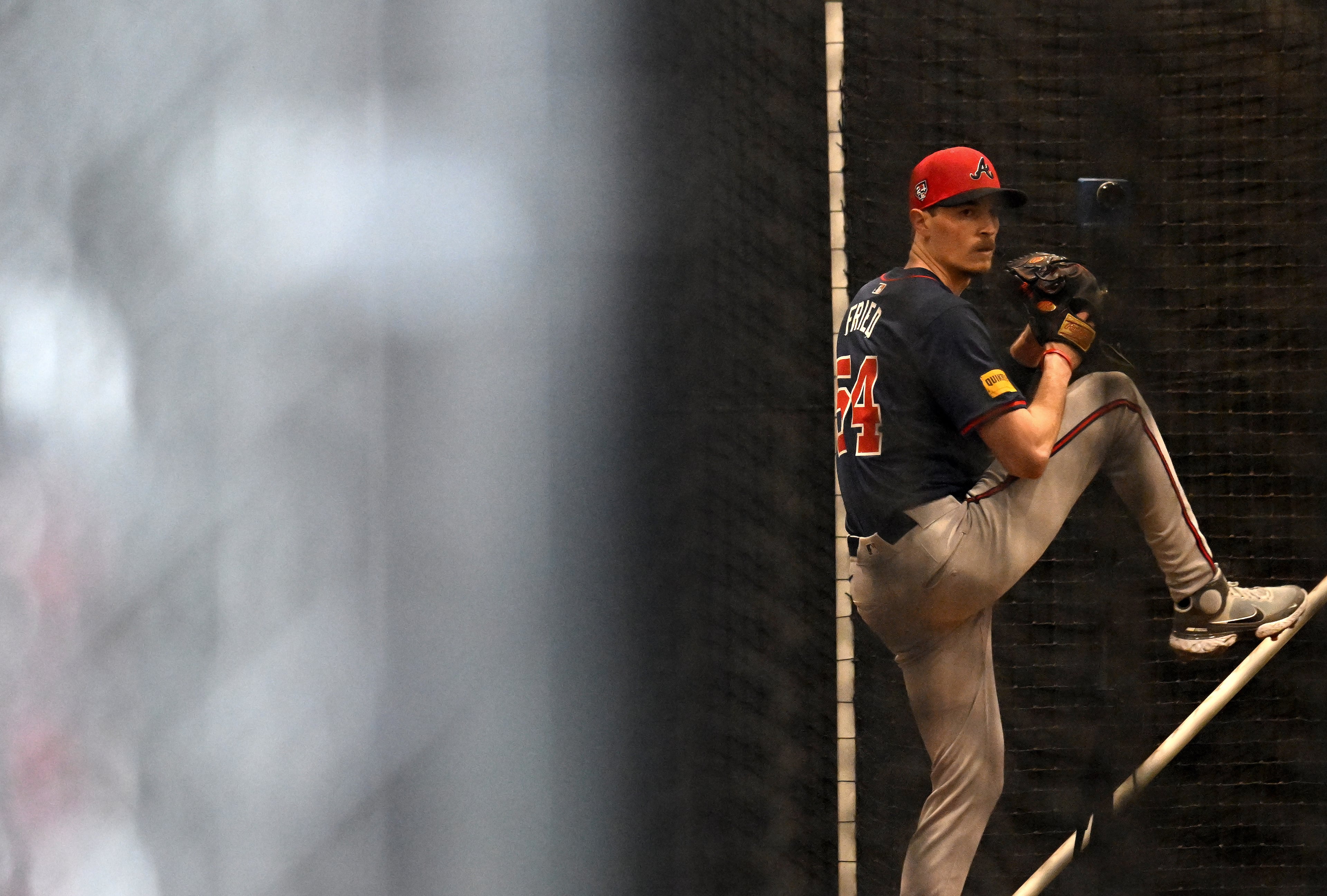 Atlanta Braves starting pitcher Max Fried throws in an indoor facility on a rainy day of spring training workouts at CoolToday Park, Sunday, Feb. 18, 2024, in North Port, Florida. (Hyosub Shin / Hyosub.Shin@ajc.com)