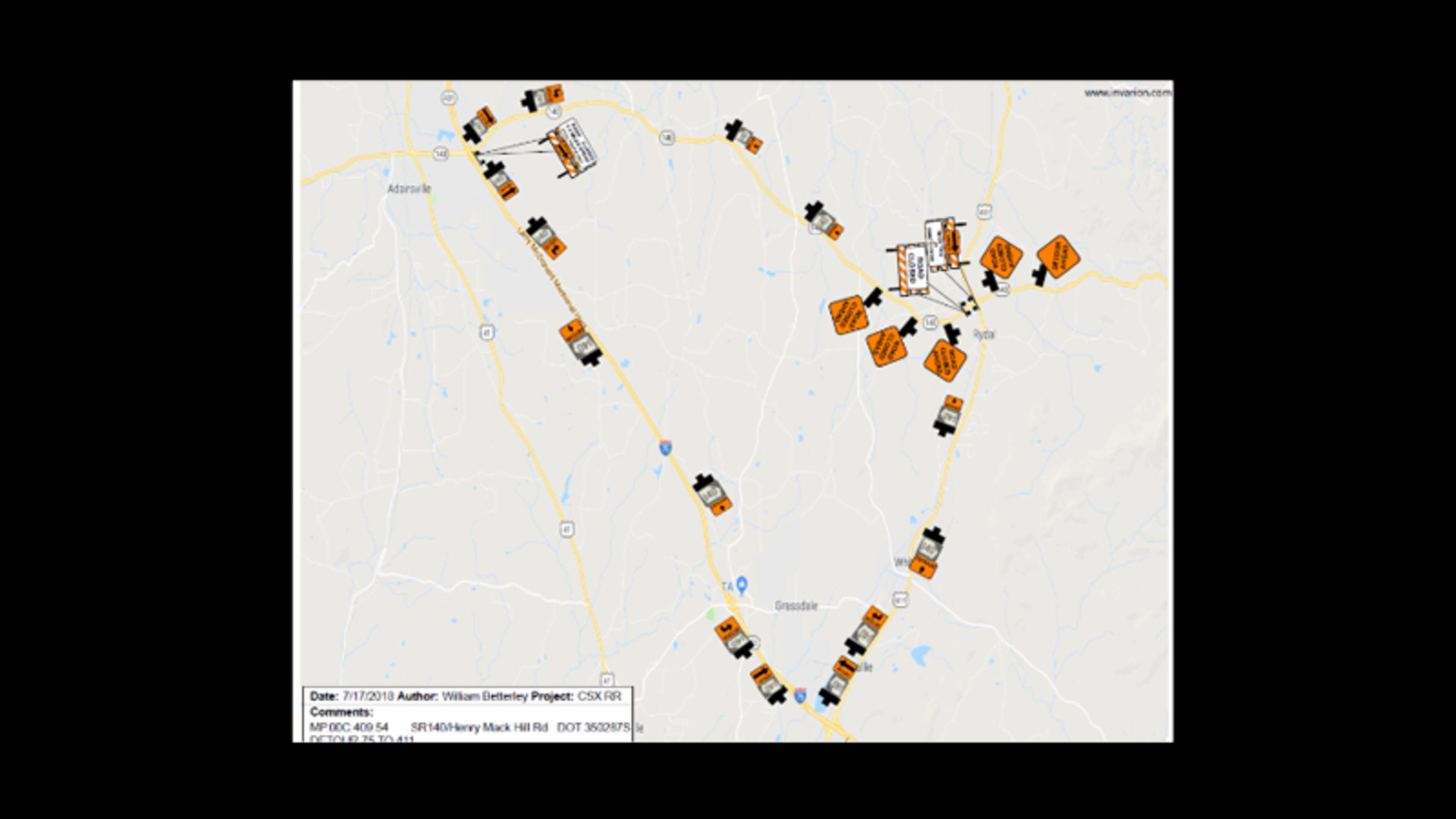 Map depicts the detour for motorists when Ga. 140 is closed for grade crossing repairs at the CSX railroad tracks near White, in Bartow County. GEORGIA DEPARTMENT OF TRANSPORTATION