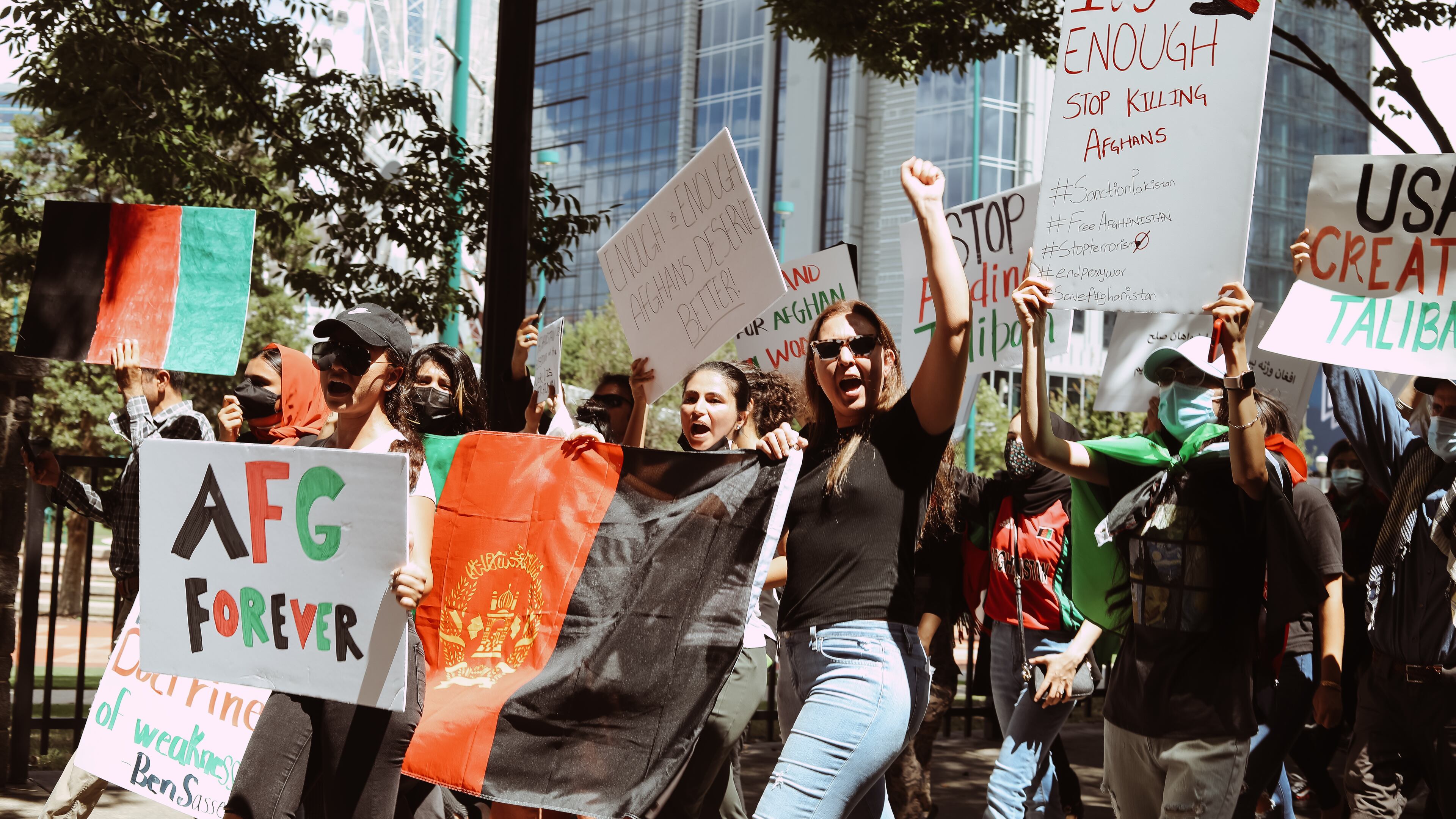 A group of demonstrators gathered in downtown Atlanta on Saturday, Aug. 15, 2021, to bring attention to the situation in Afghanistan.