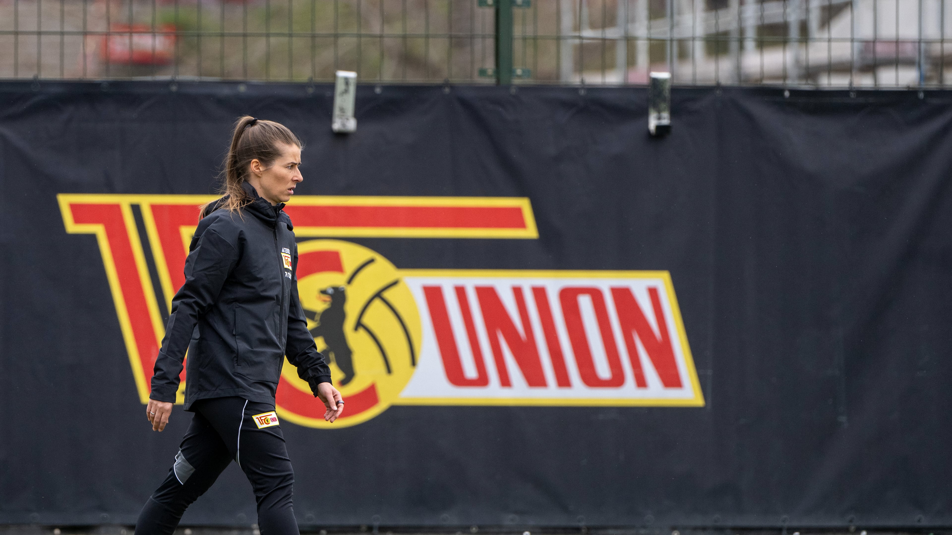 Union Berlin's interim head coach Marie-Louise Eta attends a training session in Berlin, Tuesday, April 14, 2026. (Matthias Koch/dpa via AP)