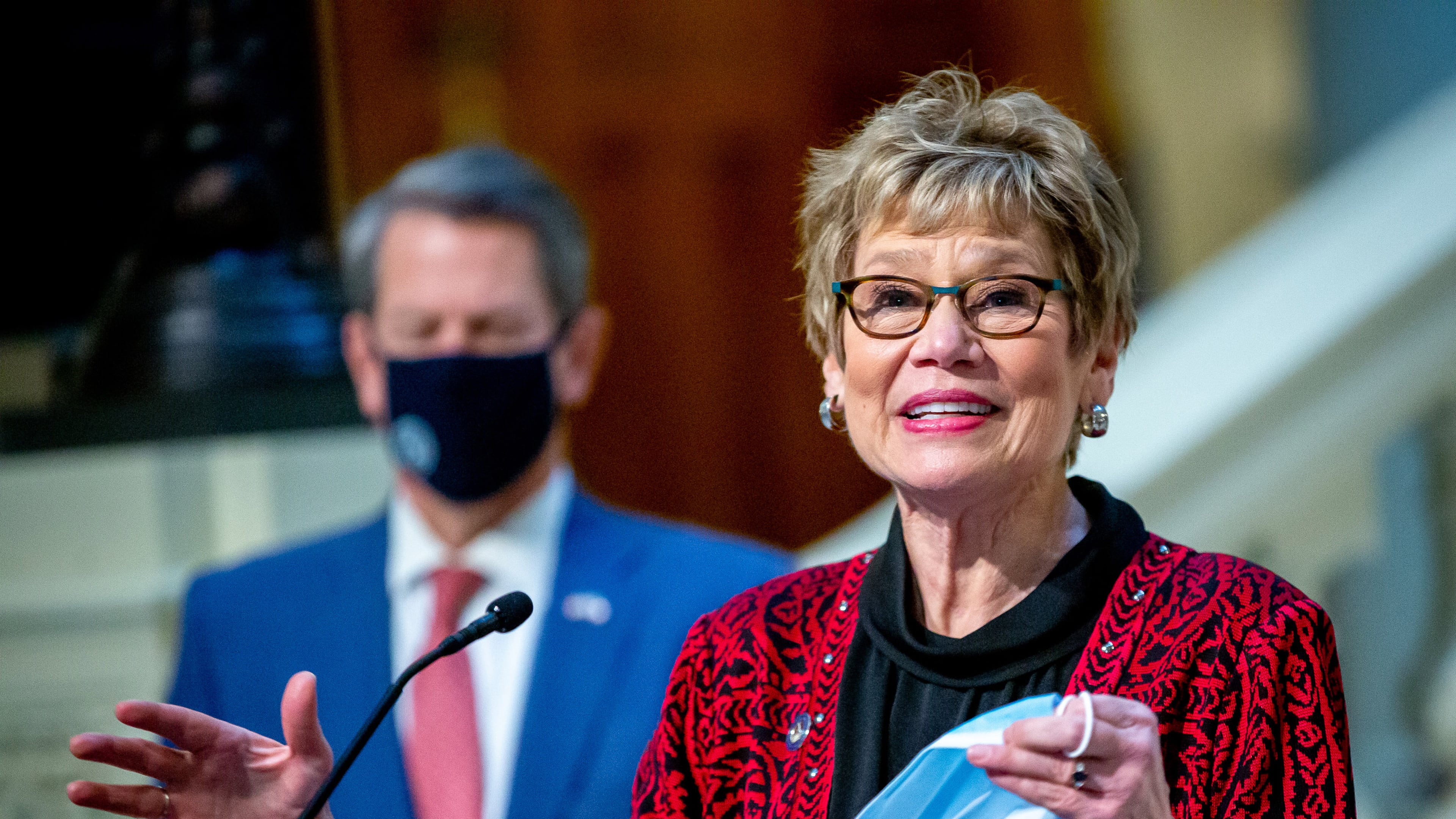 Dr. Kathleen Toomey, commissioner of the Georgia Department of Public Health, at a news conference with Gov. Brian Kemp. STEVE SCHAEFER / FOR THE AJC