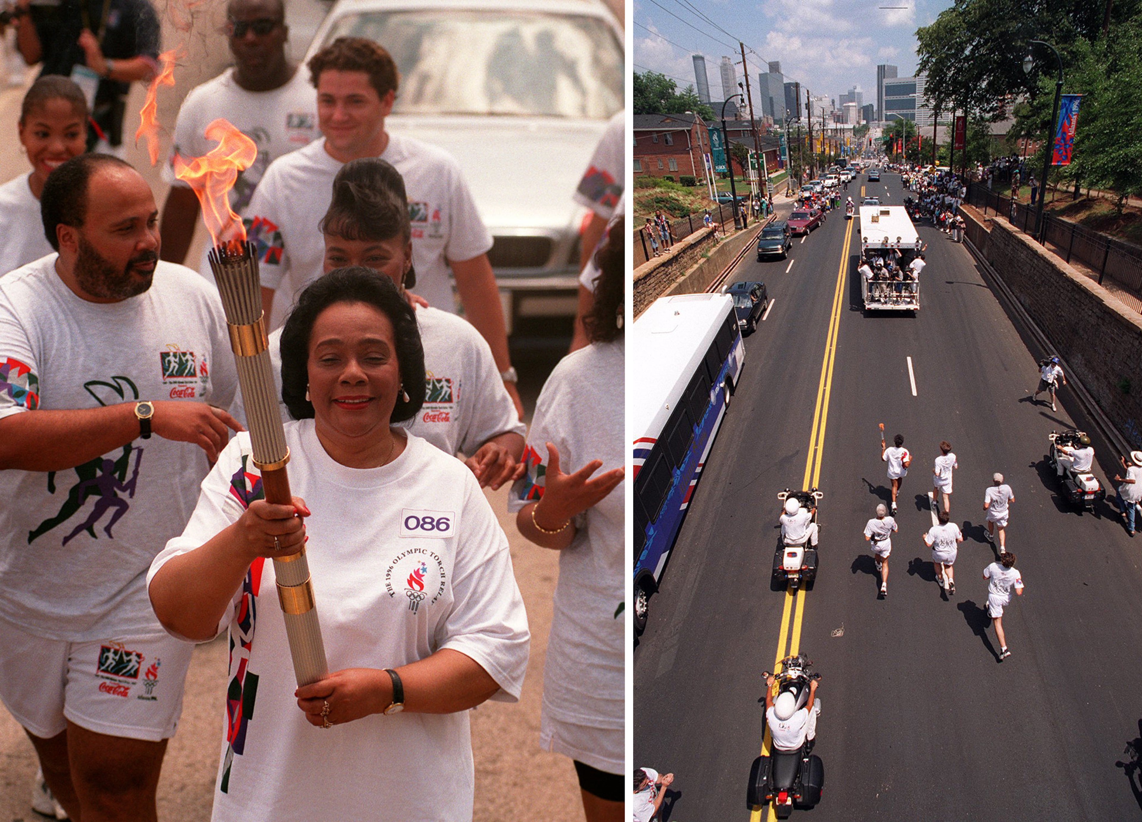 At left, Coretta Scott King carries the Olympic torch on Friday, July 19, 1996 prior to the 1996 Summer Olympic Games in Atlanta. At right on the same day, a torch runner travels under the Morris Brown College bridge, the same bridge that the coffin of Dr. Martin Luther King Jr. traveled under in 1968. (John Bazemore/AP; John Spink/AJC)