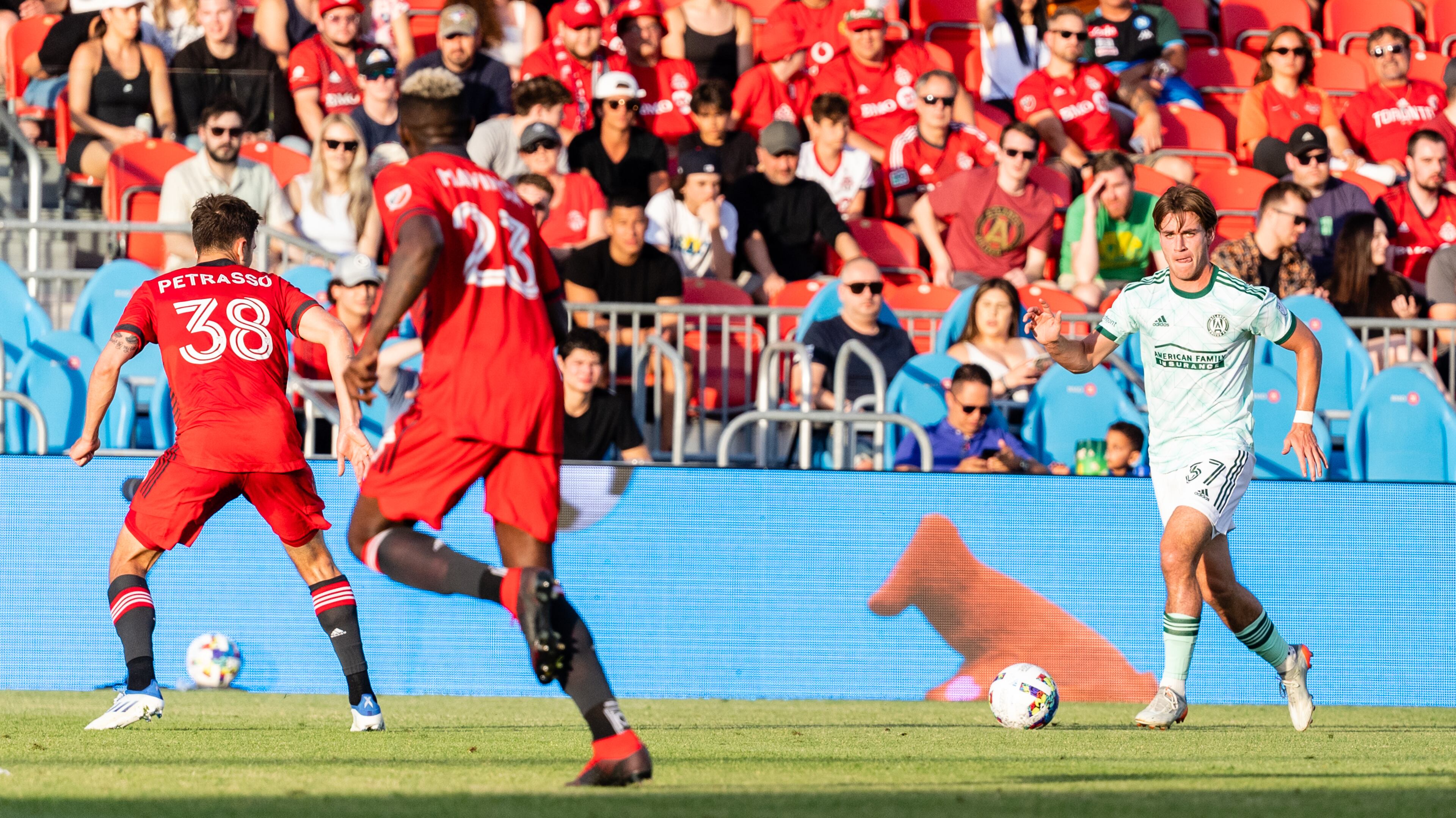 Atlanta United defender Aidan Mcfadden dribbles the ball during the first half of the match against Toronto FC at BMO Field in Toronto, Canada on Saturday June 25, 2022. (Photo by Dakota Williams/Atlanta United)
