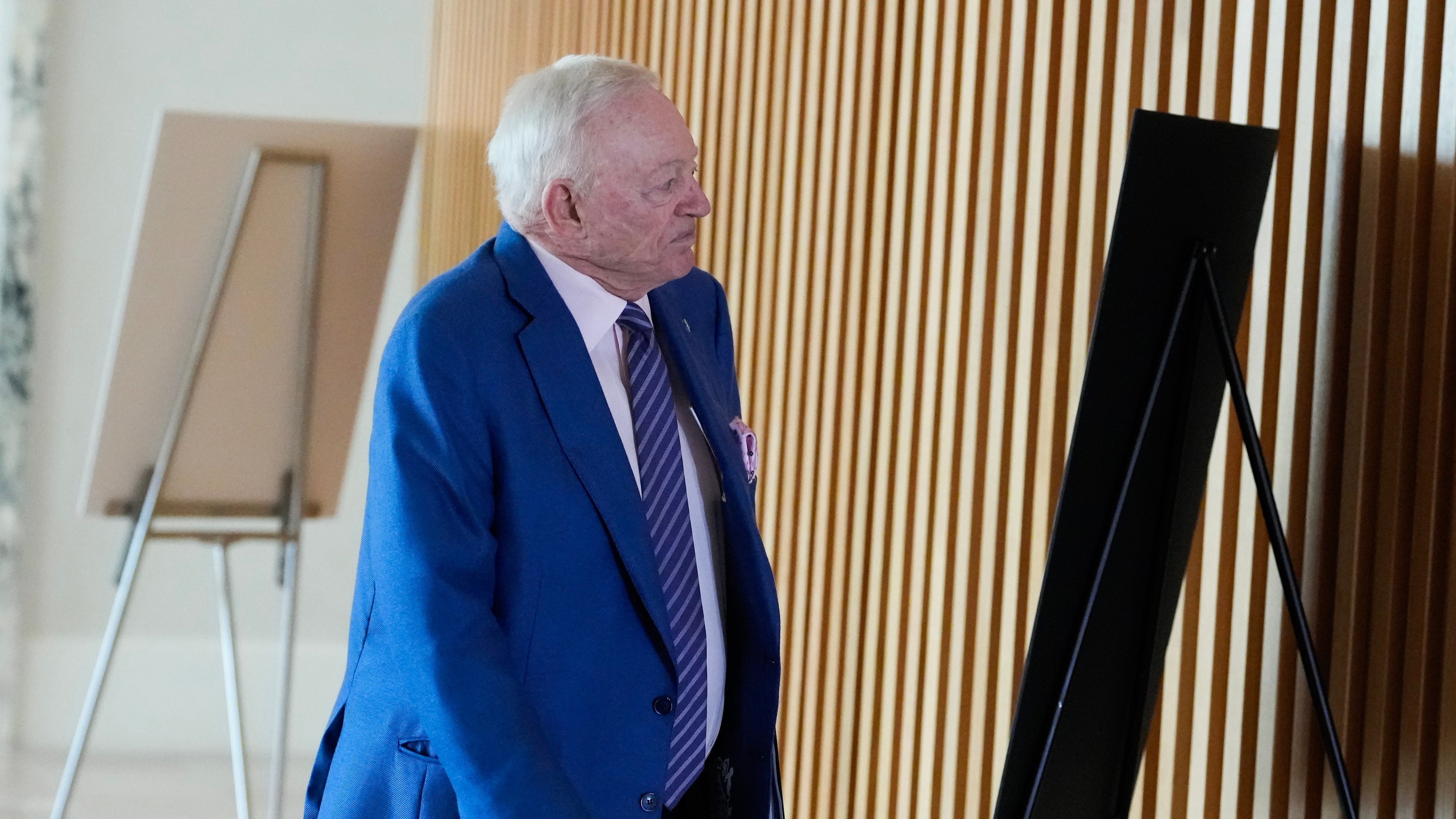 FILE -Dallas Cowboys owner Jerry Jones arrives at the NFL football owners' meetings, May 19, 2026, in Orlando, Fla. (AP Photo/John Raoux, File)