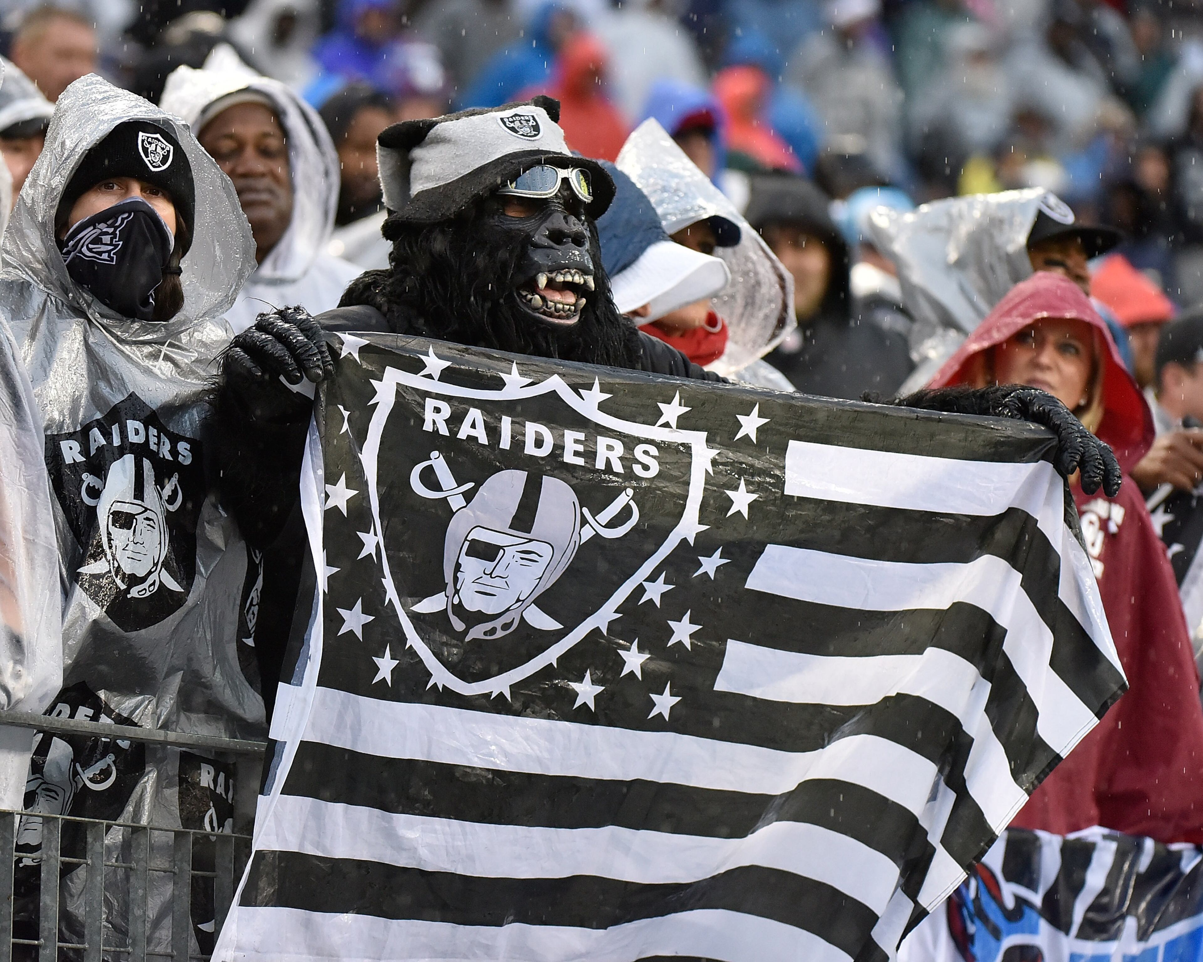 NASHVILLE, TN - NOVEMBER 29: Fan of the Oakland Raiders cheer after the go-ahead touchdown against the Tennessee Titans during the second half at Nissan Stadium on November 29, 2015 in Nashville, Tennessee. (Photo by Frederick Breedon/Getty Images)