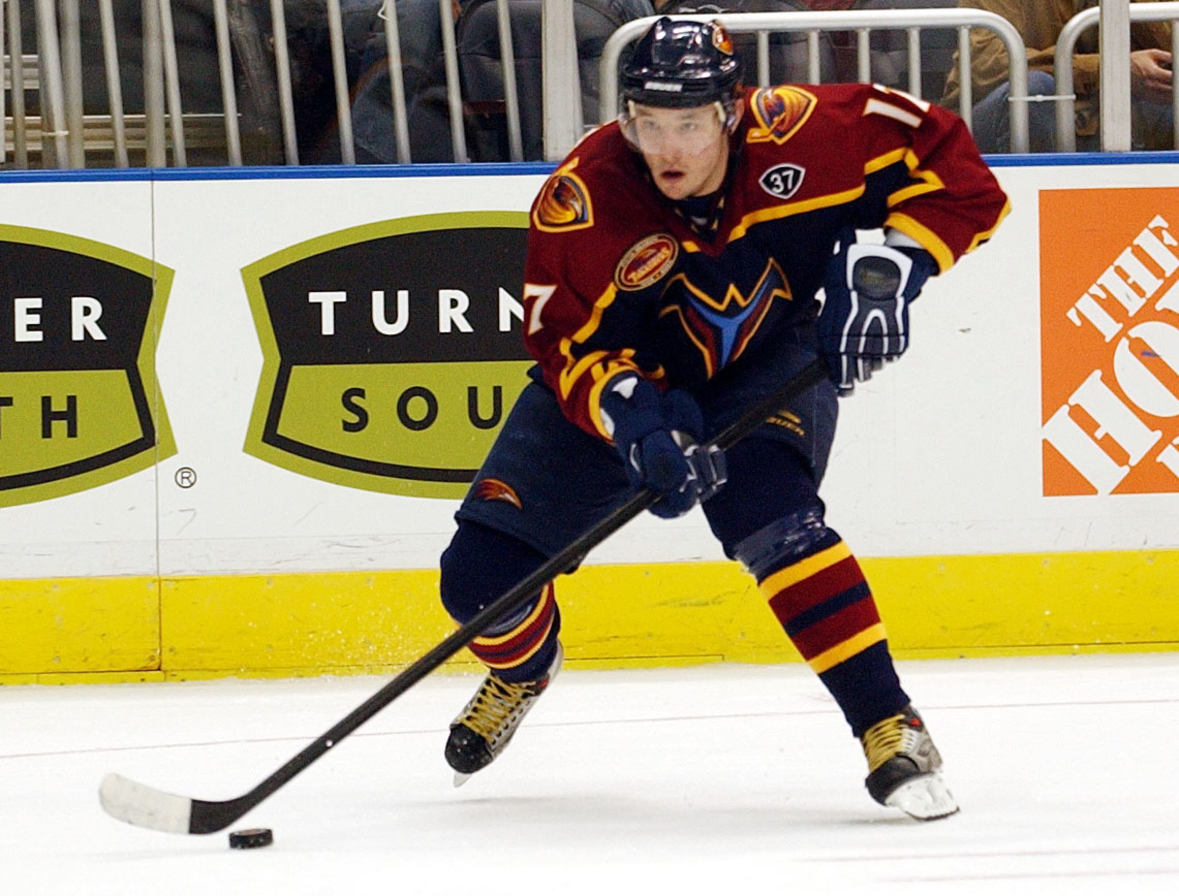 Thrashers' Ilya Kovalchuk races with the puck during the Thrashers' 5-4 overtime win over the Boston Bruins Wednesday, Nov. 19, 2003 in Atlanta.