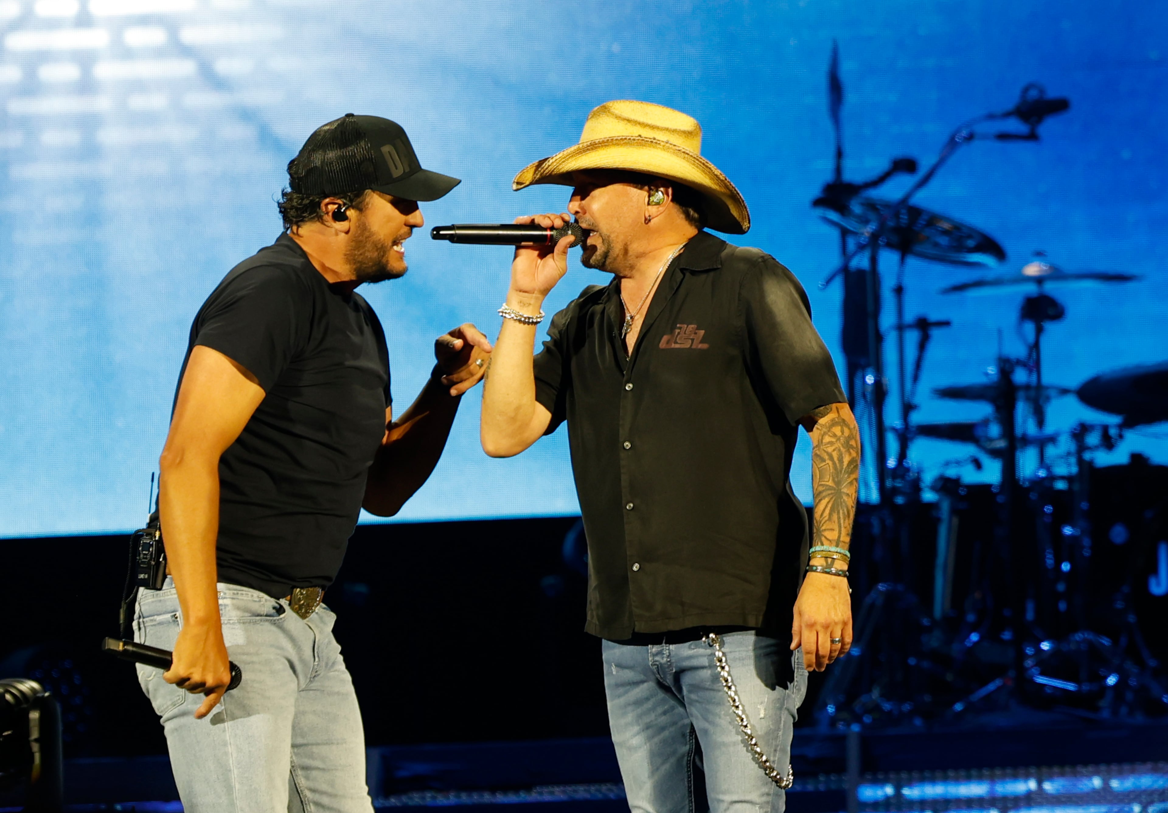 Georgia natives Jason Aldean (right) and Luke Bryan perform together for the first "Live Between the Hedges Concert Presented by PruittHealth" at Sanford Stadium, home of the University of Georgia football team, Saturday, April 25, 2026, in Athens. (Akili-Casundria Ramsess/EyeAkili Media)
