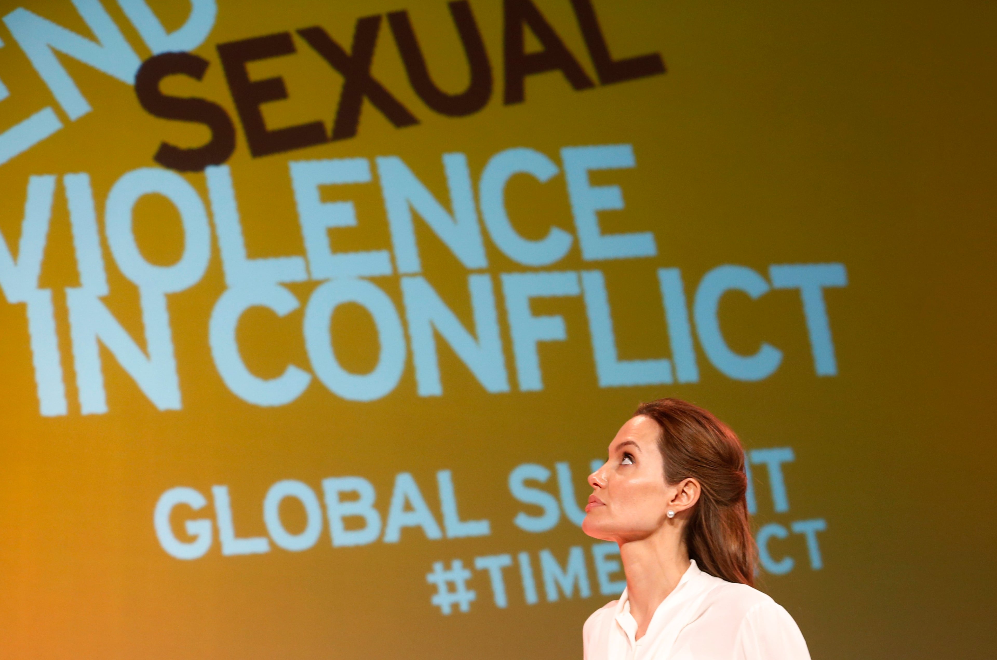 US actress Angelina Jolie, Special Envoy of the United Nations High Commissioner for Refugees, arrives for the presentation of the International Protocol on the Documentation of Sexual Violence in Conflict, at the 'End Sexual Violence in Conflict' summit in London, Wednesday, June 11, 2014. The Summit welcomes governments from over 100 countries, over 900 experts, NGOs, Faith leaders, and representatives from international organisations across the world. (AP Photo/Lefteris Pitarakis, pool)