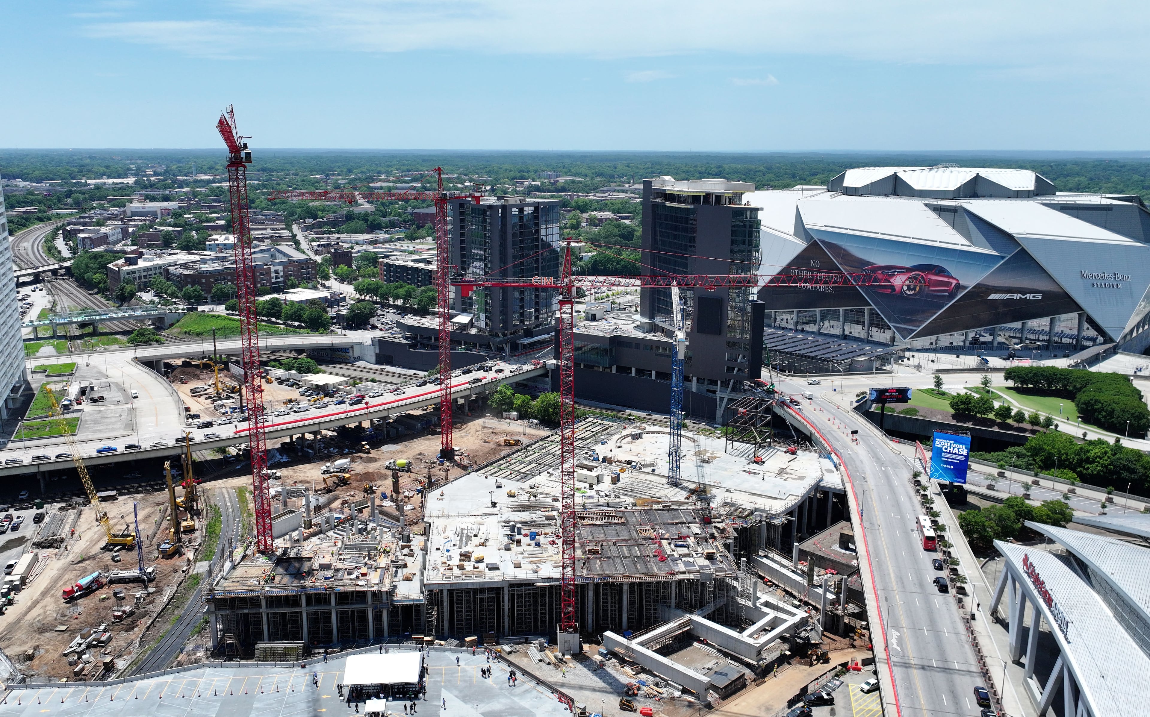 Aerial photo shows Centennial Yards construction site during Cosm Atlanta Steel Rising Ceremony, Thursday, May 15, 2025, in Atlanta. (Hyosub Shin/AJC)