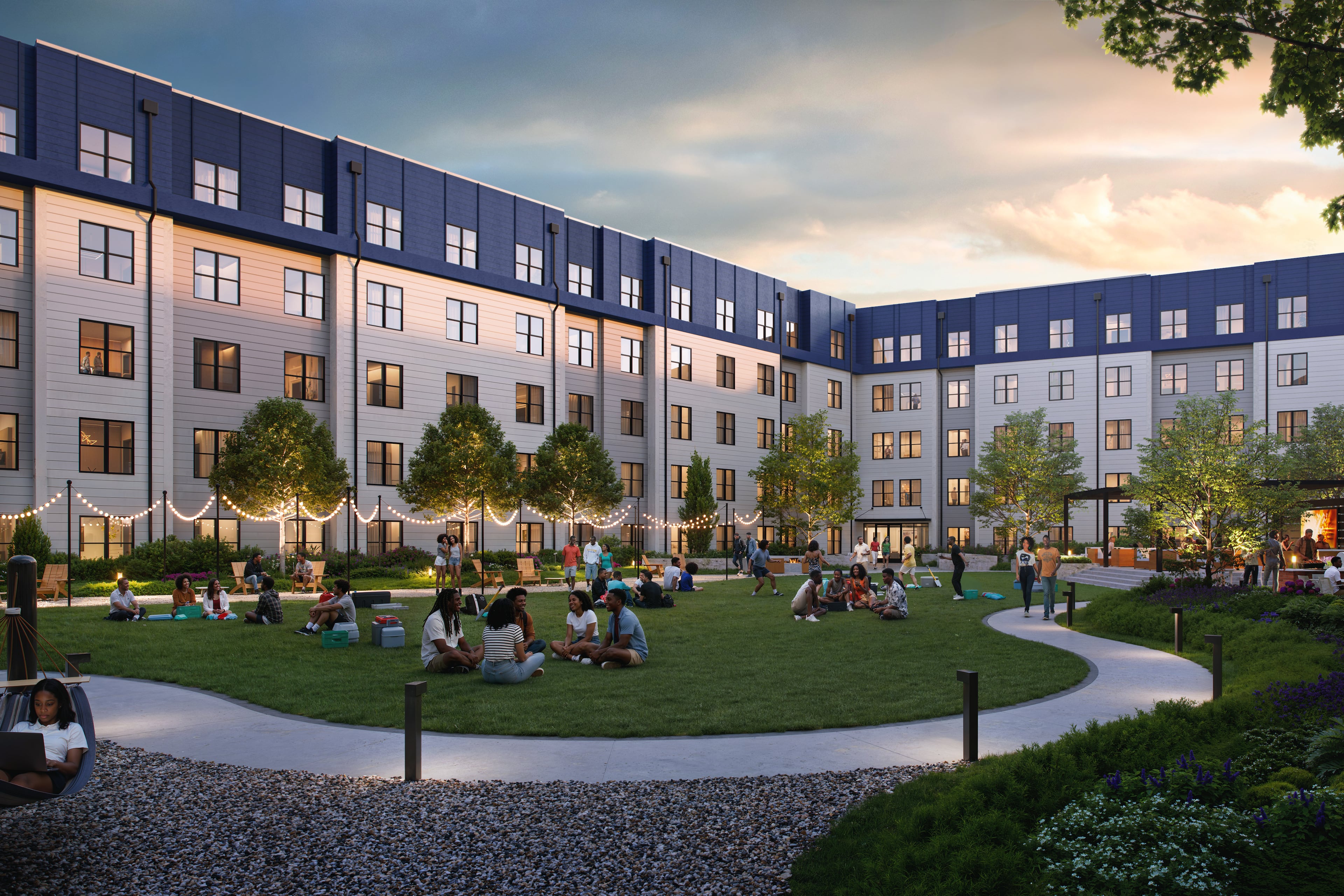 A rendering of the housing project The Den at Eight50 West slated for the area across from B. T. Harvey Stadium at Morehouse College. A groundbreaking ceremony for the project was set for Oct. 15, 2026. (Courtesy of Radnor Property Group)