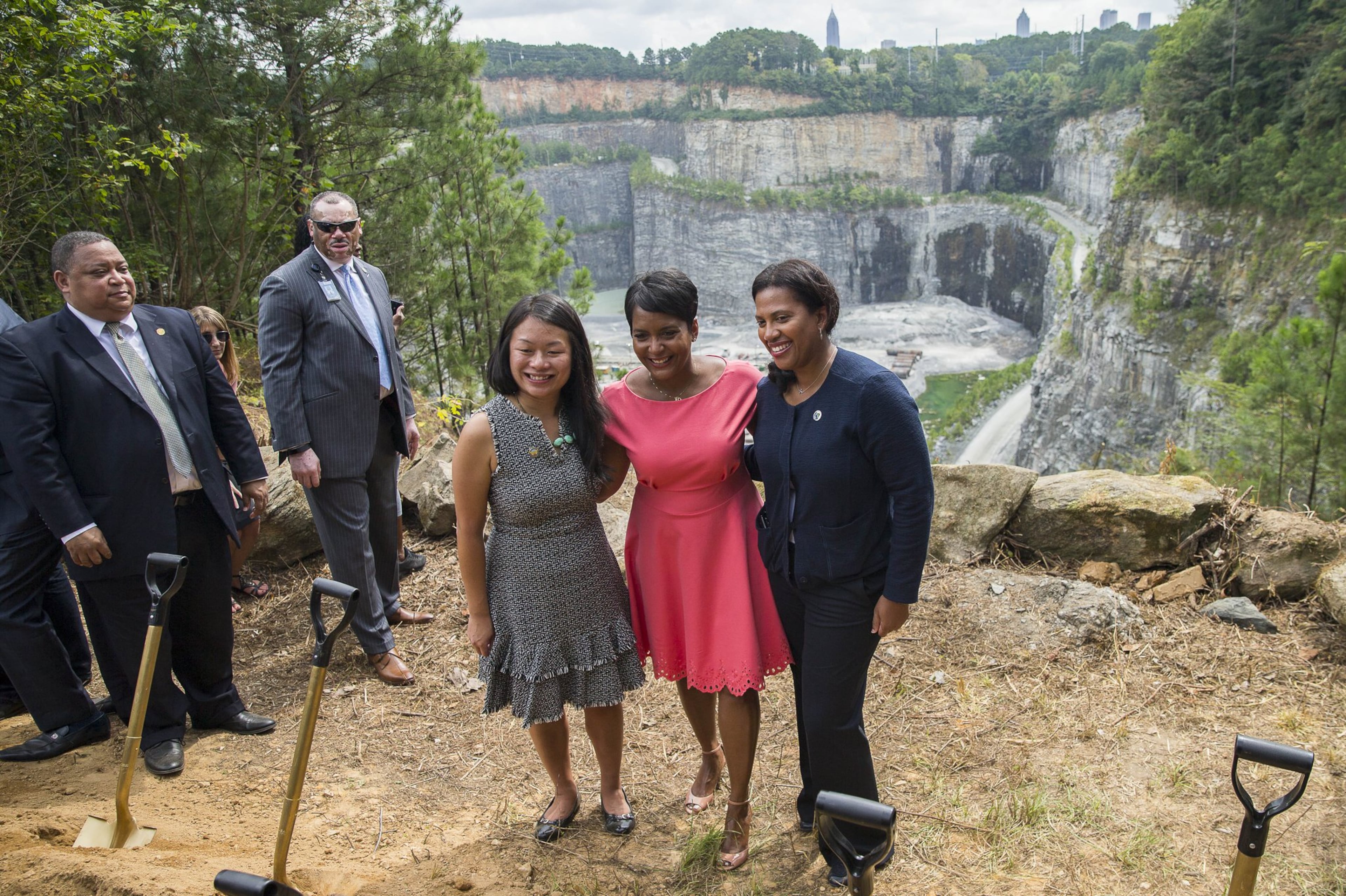 09/06/2018 — Atlanta, Georgia — Atlanta Mayor Keisha Lance-Bottoms (center), former Atlanta Parks and Recreation commissioner Amy Phuong (left) and Atlanta Department of Watershed Management Commissioner Kishia Powell (right) poses for a photograph following the ground breaking ceremony for the new Westside Park at the Bellwood Quarry in Atlanta, Thursday, September 6, 2018. The park, planned for years as both a recreational center and reservoir for drinking water, has been seen as a potential catalyst for redevelopment of the city’s northwest side. (ALYSSA POINTER/ALYSSA.POINTER@AJC.COM)
