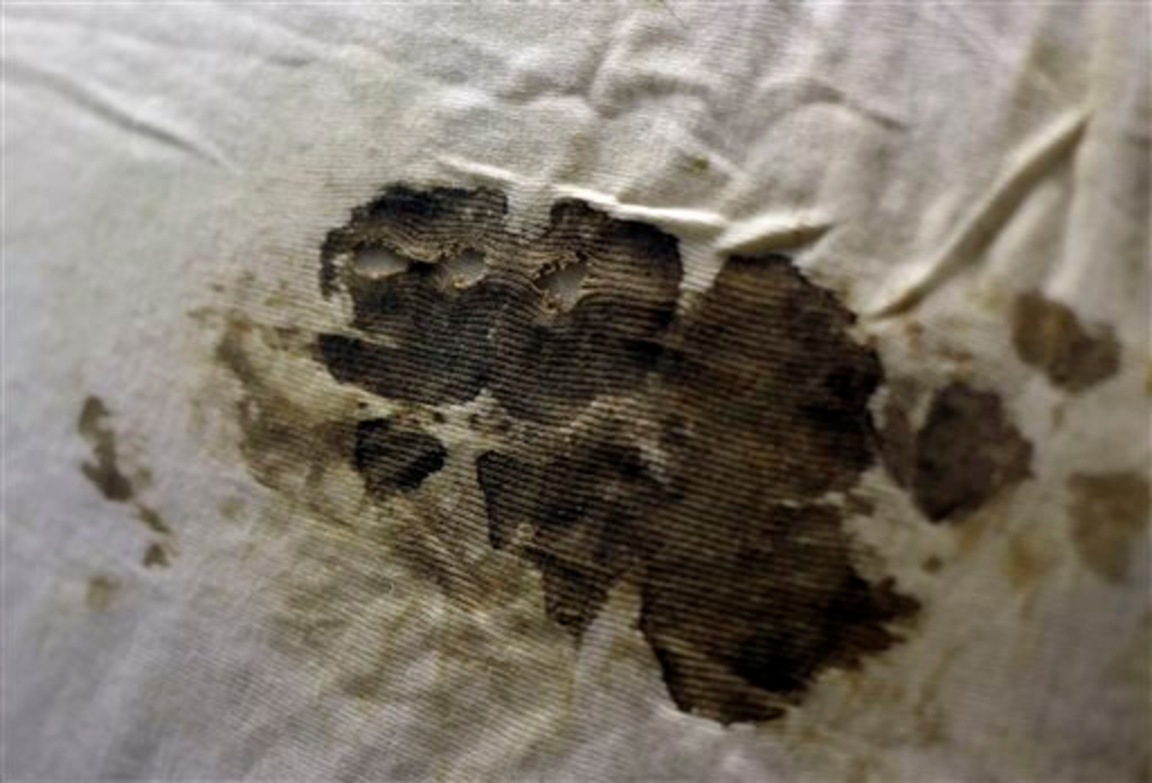 A detail of the bullet drilled and bloodstained undershirt worn by Pope John Paul II during the assassination attempt on May, 13, 1981, kept at the Daughters of Charity, in Rome, Thursday, April 10, 2014. (AP Photo/Gregorio Borgia)
