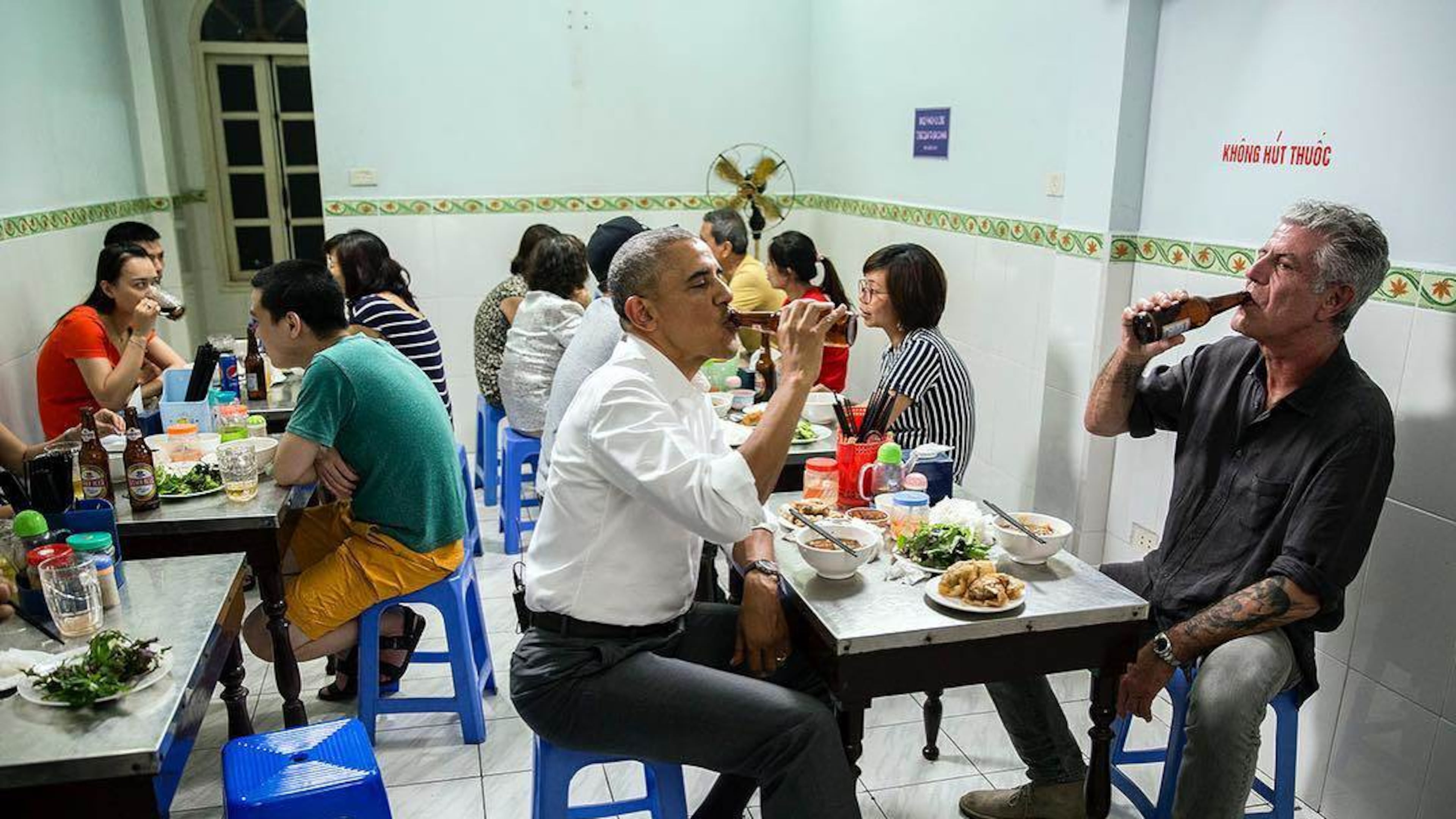 Pres. Obama drinks up with Anthony Bourdain in Hanoi, Vietnam on the season 8 premiere of "Parts Unknown." CREDIT: CNN