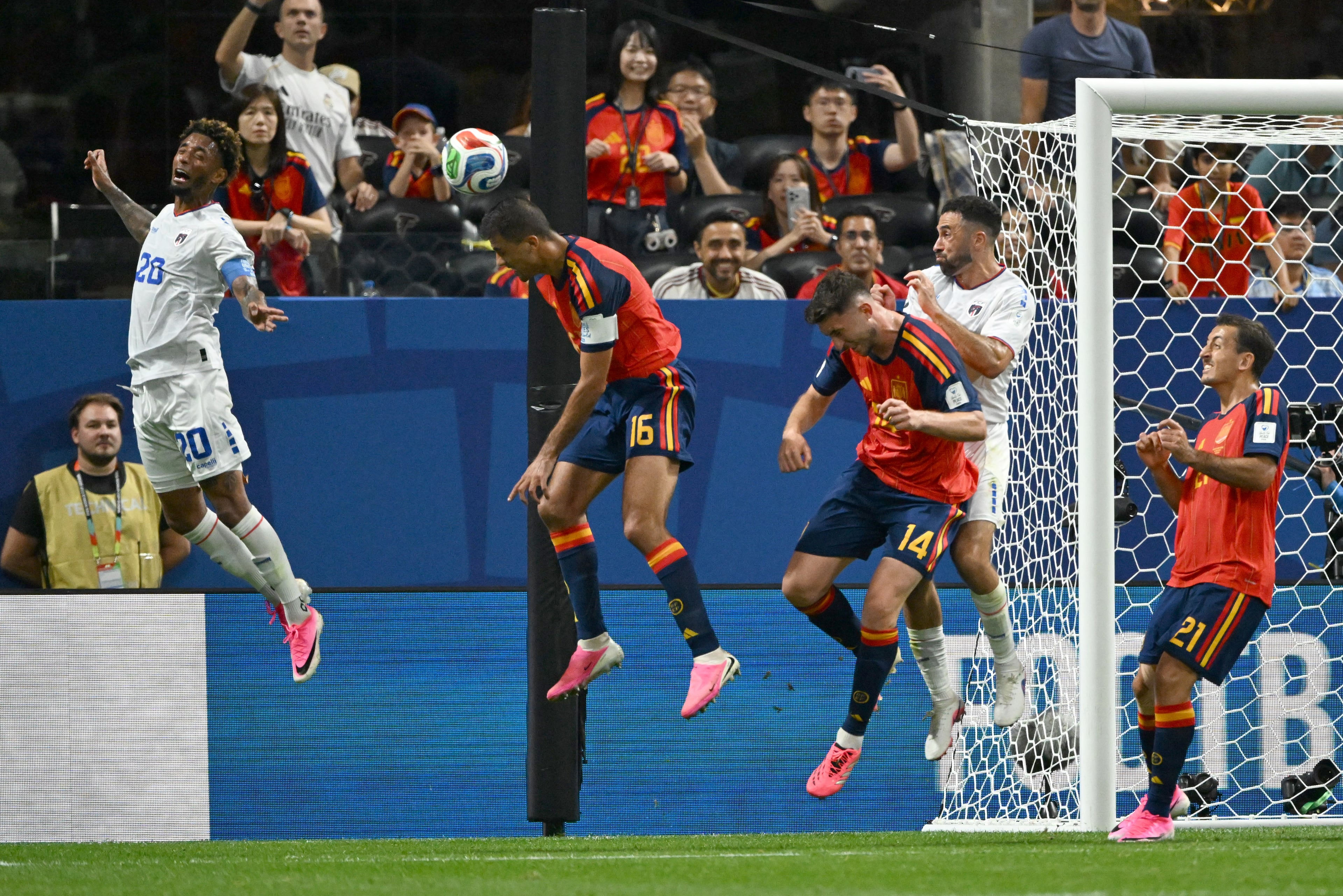 Spain's Rodri (16) gets a header on a corner kick during first half of Spain vs. Cape Verde Group H match at Atlanta Stadium (Mercedes-Benz Stadium) on Monday, June 15, 2026. (Hyosub Shin/AJC)
