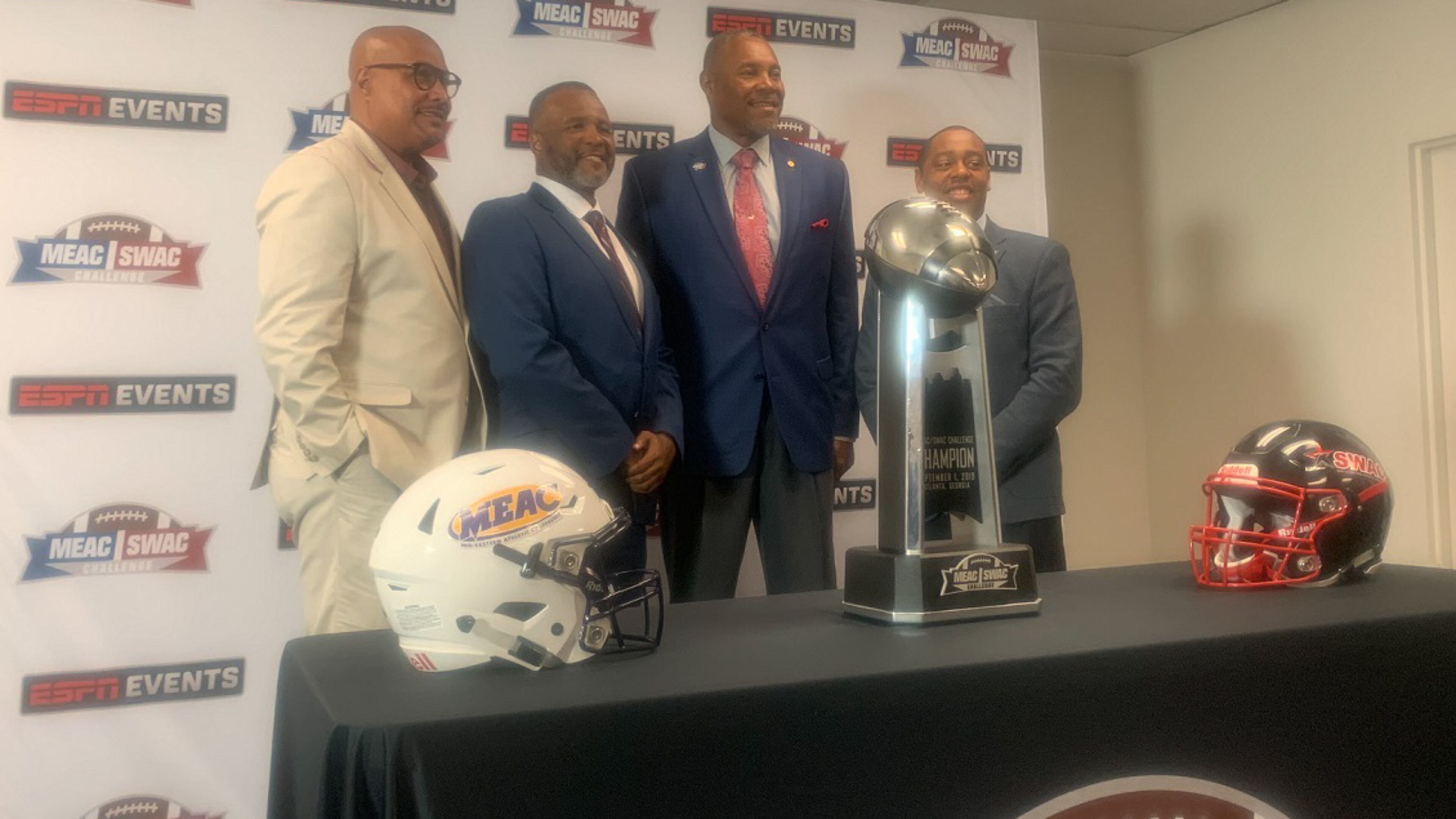 Representative of Bethune-Cookman and Jackson State met at Georgia State Stadium on Tuesday, Aug. 20, 2019 to promote the MEAC/SWAC Challenge schedule for that venue Sept. 2, 2019. From left: Lynn W. Thompson, Vice President for Intercollegiate Athletics at Bethune-Cookman; Terry Sims, head football coach at Bethune-Cookman; John Hendrick, head football coach at Jackson State; and Ashley Robinson, Vice President for Intercollegiate Athletics /Athletic Director at Jackson State. (Photo by Jaylon Thompson/For the AJC)
