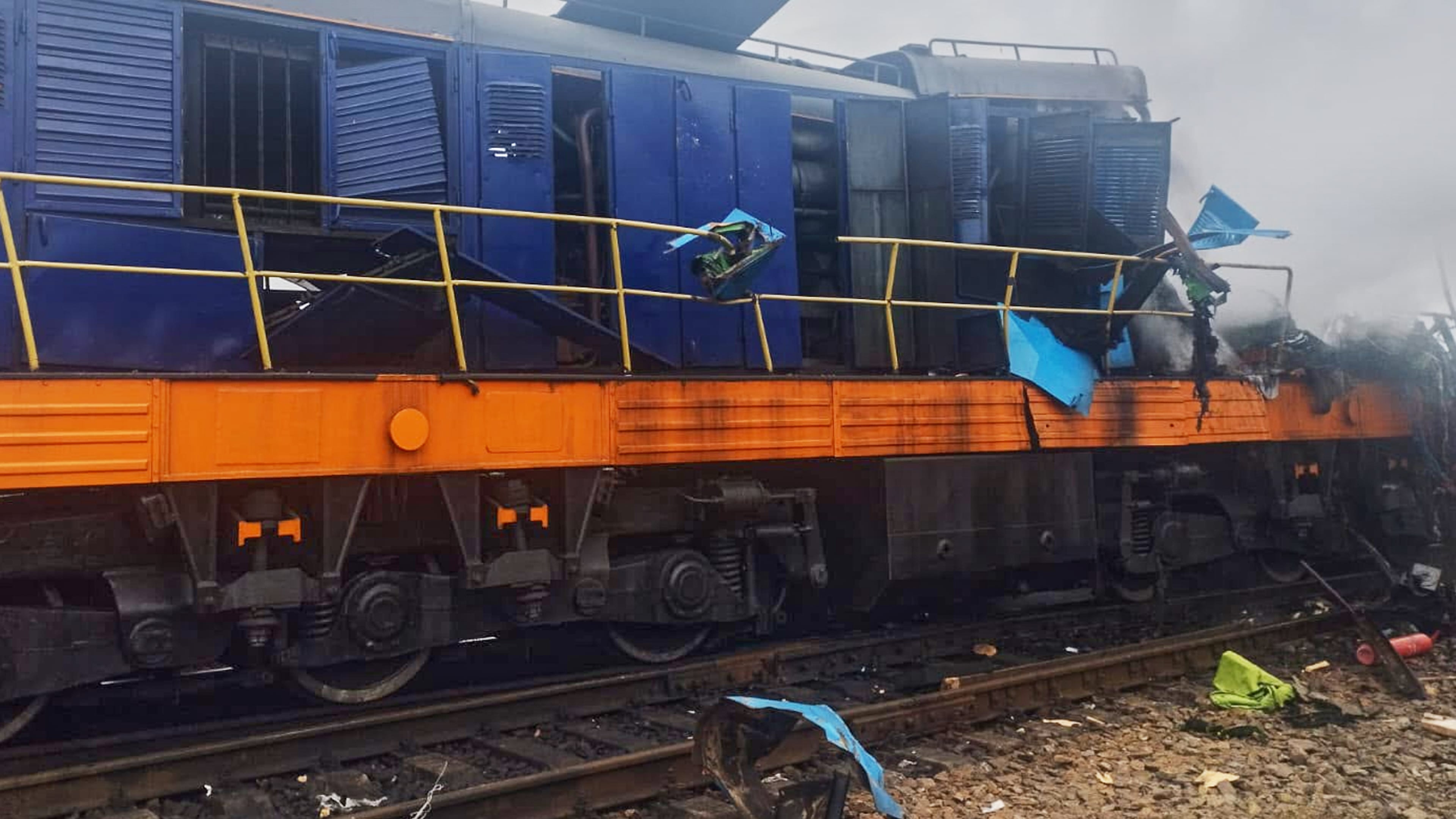 In this photo provided by the Ukrainian Ukrzaliznytsia Railway Company Press Office, a locomotive damaged in a Russian drone attack is seen at Yahodyn railway station near Ukraine's border with Poland, Ukraine, Sunday, Sept. 13, 2026. (Ukrainian Ukrzaliznytsia Railway Company Press Office via AP)
