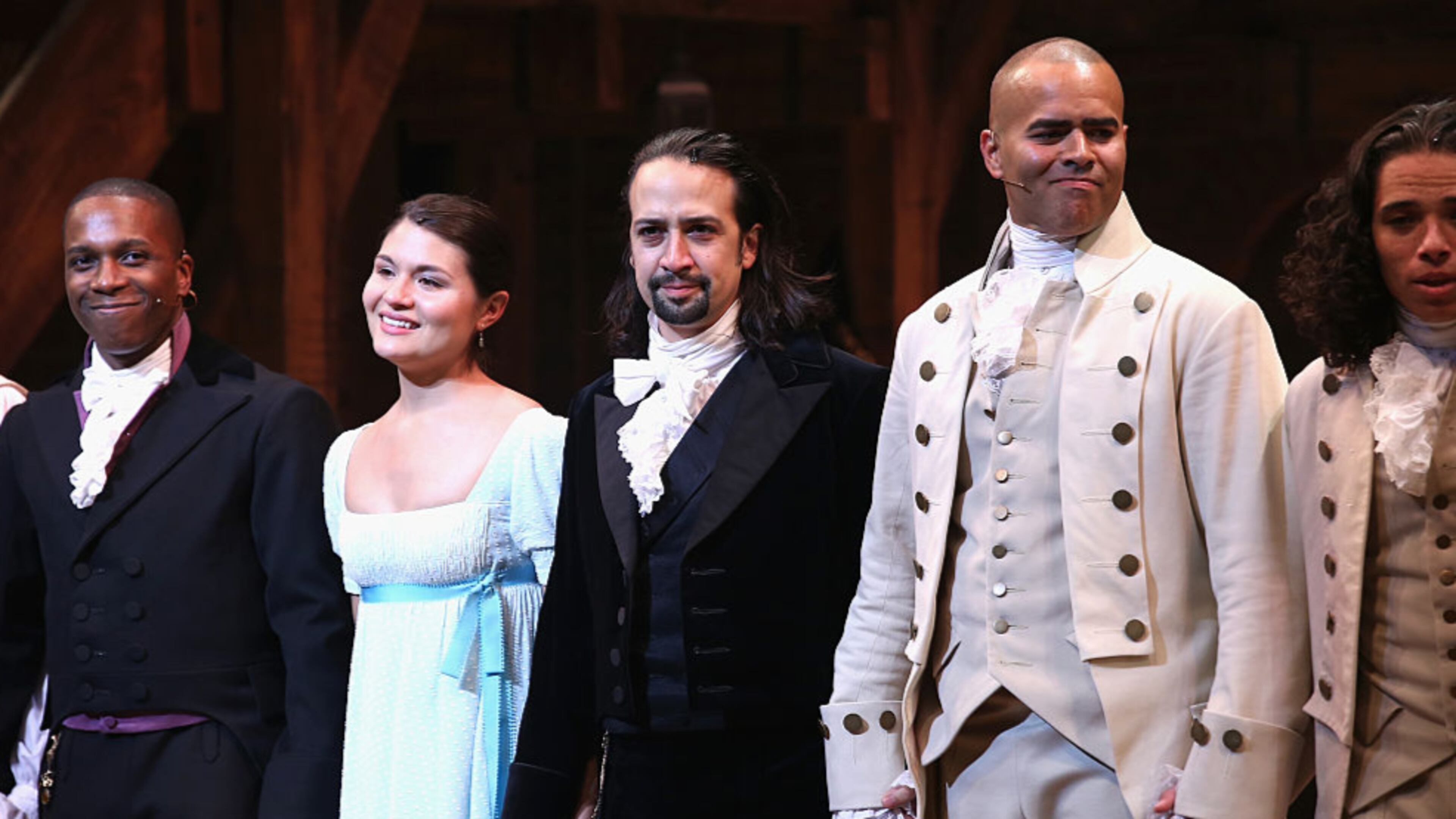 File photo: (L-R) Leslie Odom; Jr., Phillipa Soo, Lin-Manuel Miranda and Christopher Jackson attend "Hamilton" Broadway Opening Night at Richard Rodgers Theatre on August 6, 2015 in New York City. (Photo by Neilson Barnard/Getty Images)
