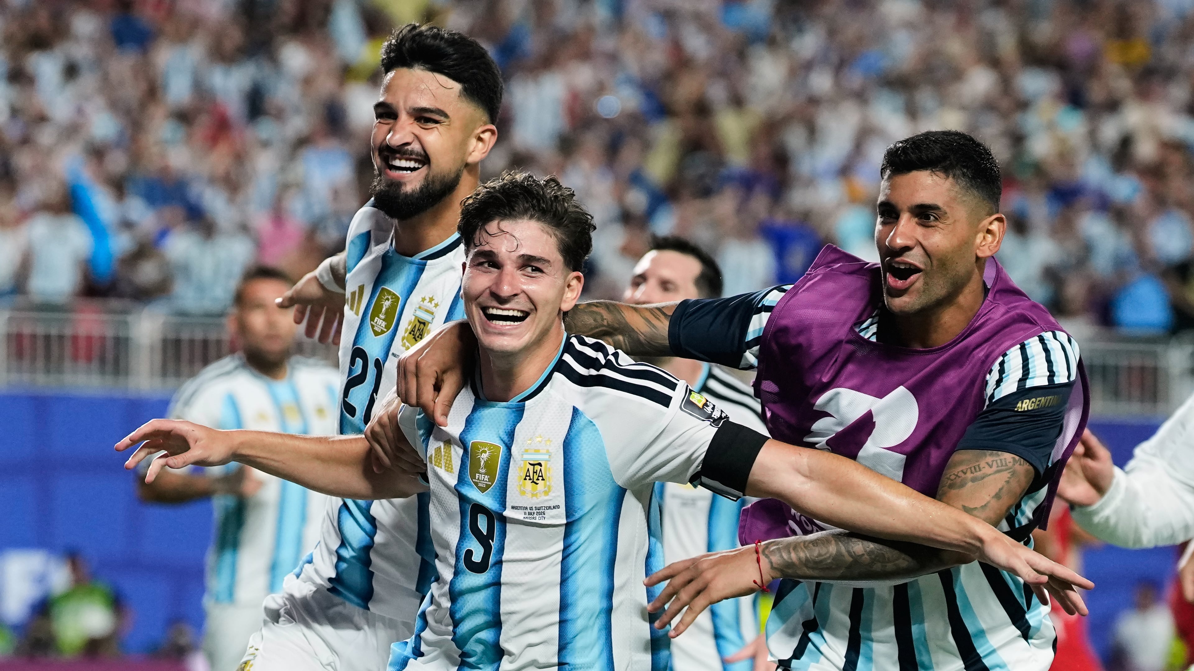 Argentina's Julian Alvarez (9) celebrates after scoring his side's second goal during the World Cup quarterfinal soccer match against Switzerland in Kansas City, Mo., Saturday, July 11, 2026. (AP Photo/Charlie Riedel)