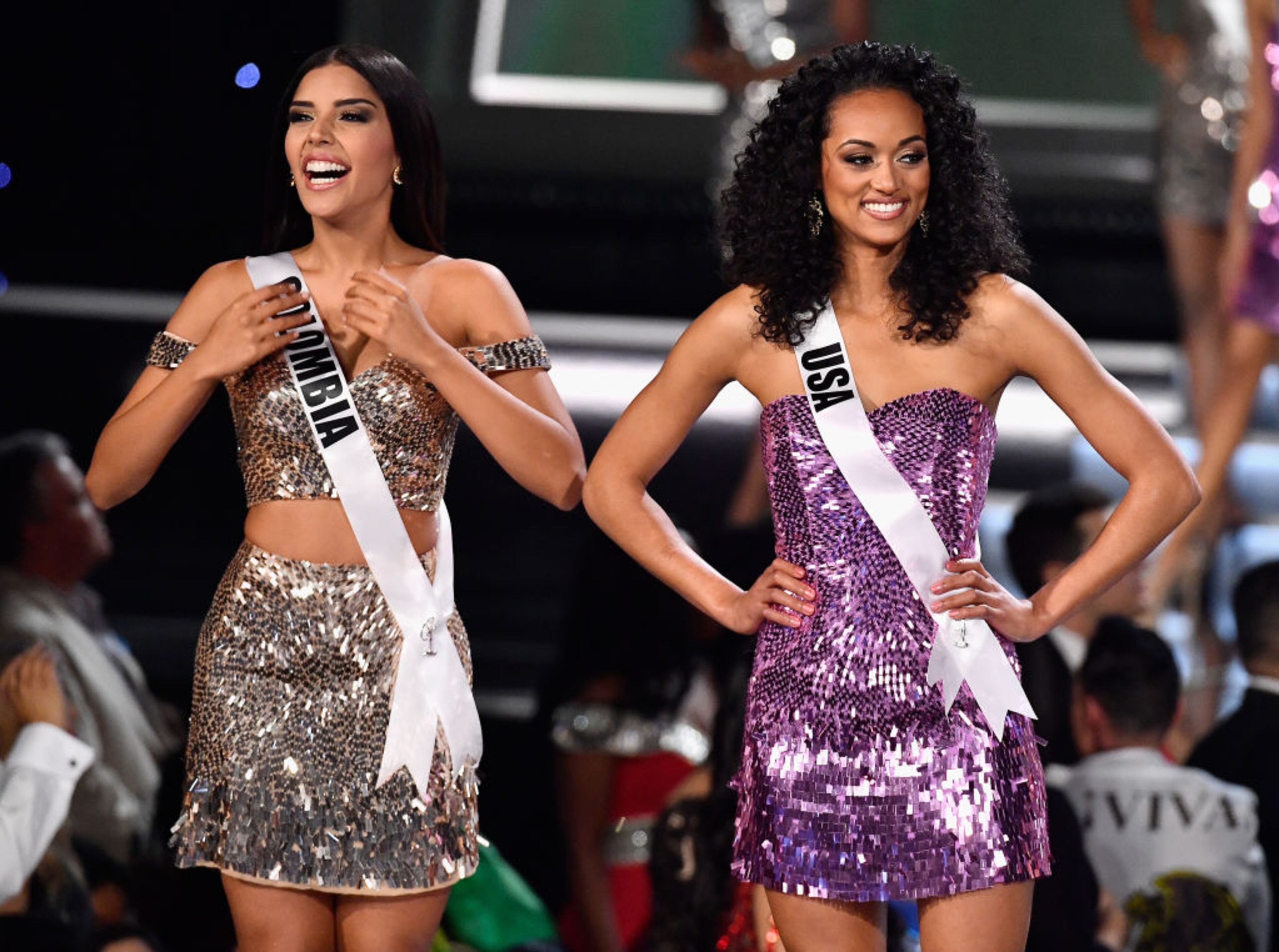 LAS VEGAS, NV - NOVEMBER 26: Miss Colombia 2017 Laura Gonzalez (L) and Miss USA 2017 Kara McCullough are named as top 16 finalists during the 2017 Miss Universe Pageant at The Axis at Planet Hollywood Resort & Casino on November 26, 2017 in Las Vegas, Nevada. (Photo by Frazer Harrison/Getty Images)