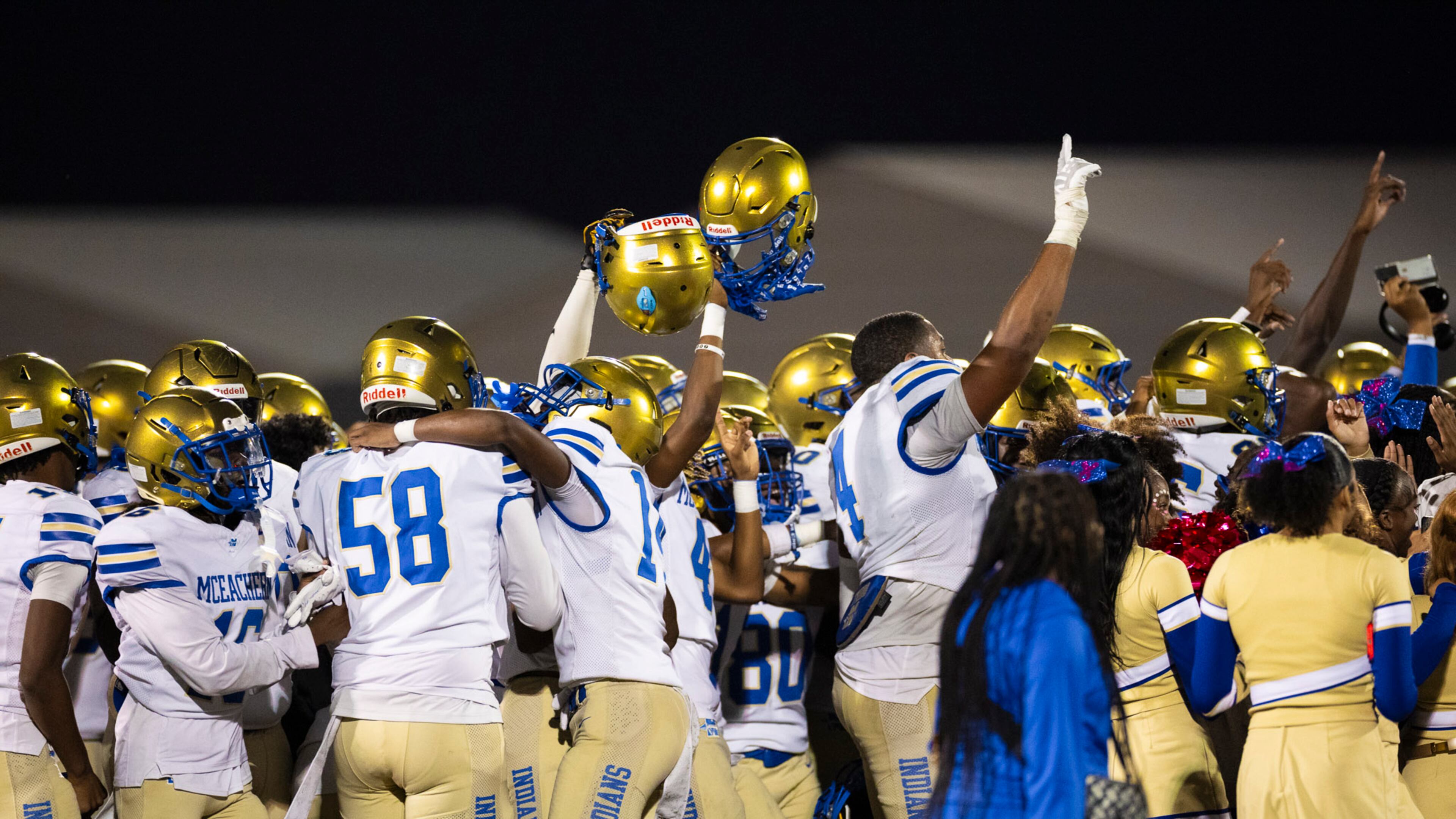 McEachern players celebrate their victory against Hillgrove at Cobb Energy Hillgrove Stadium in Powder Springs on Friday, Oct. 17, 2025. (Oscar Guevara Saenz for the AJC)