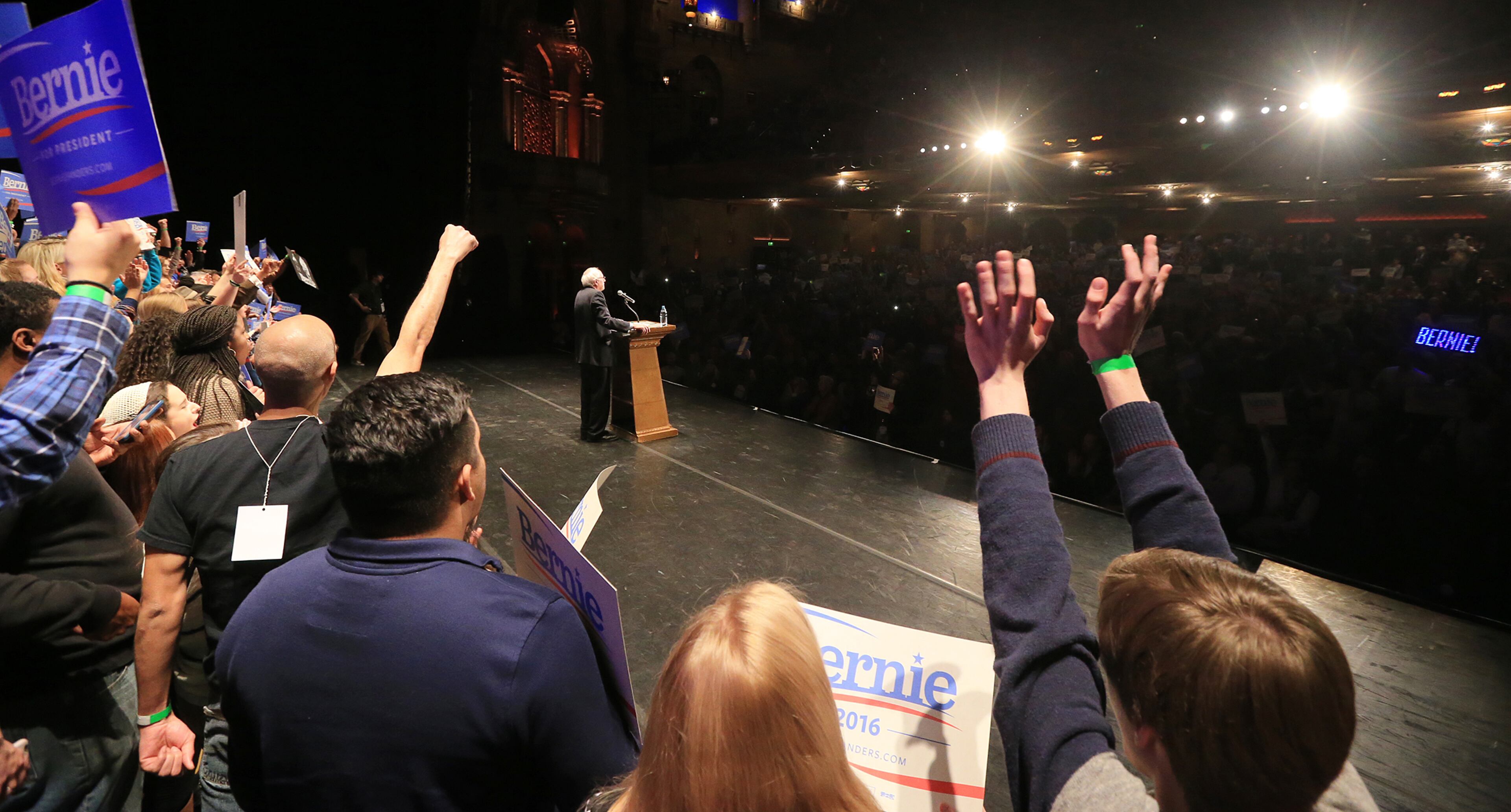Supporters cheer for Democratic presidential candidate Bernie Sanders as he speaks to the packed crowd filling the Fox Theatre on Monday, Nov. 23, 2015, in Atlanta. Curtis Compton / ccompton@ajc.com