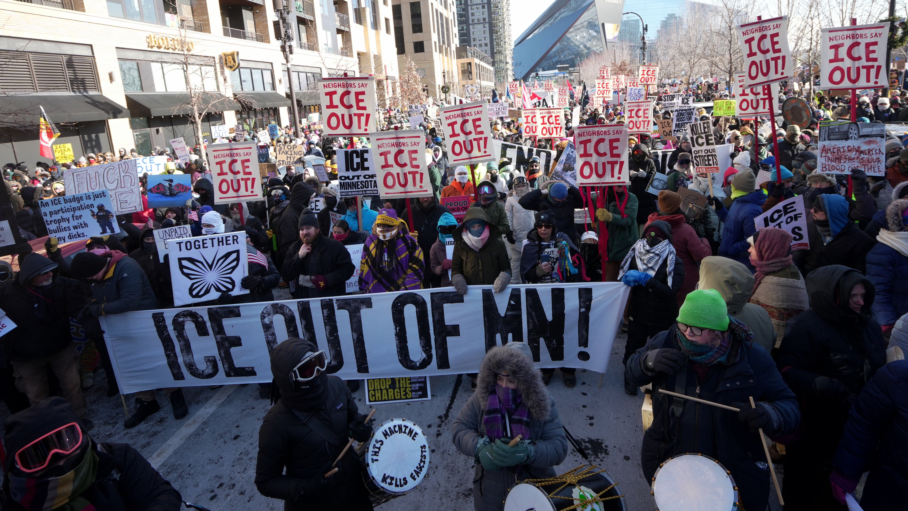 People protest against Federal immigration agents on Friday, Jan. 23, 2026, in Minneapolis. (AP Photo/Angelina Katsanis)