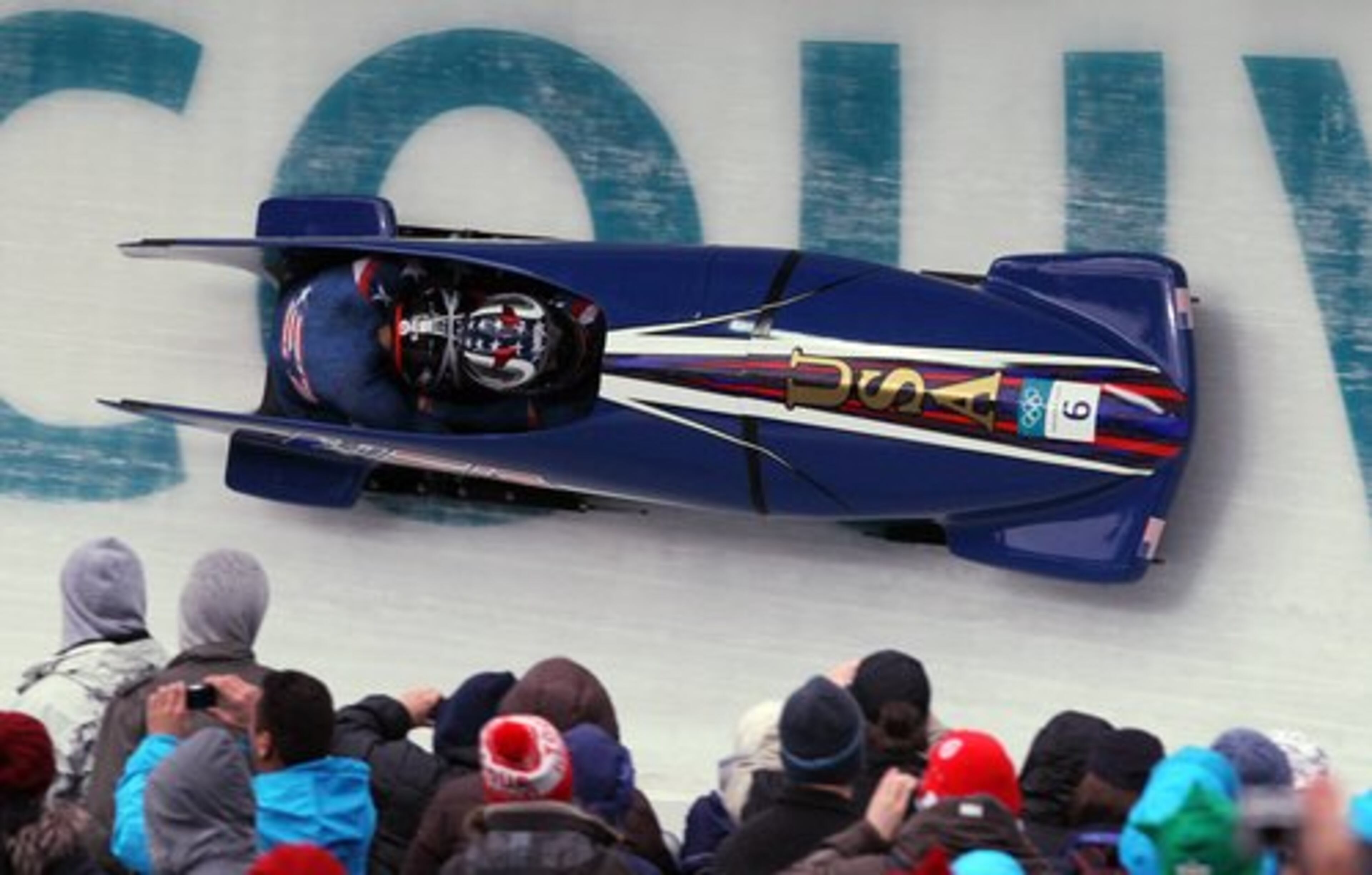 The United States' USA-2, piloted by Erin Pac, with brakeman Elana Meyers.