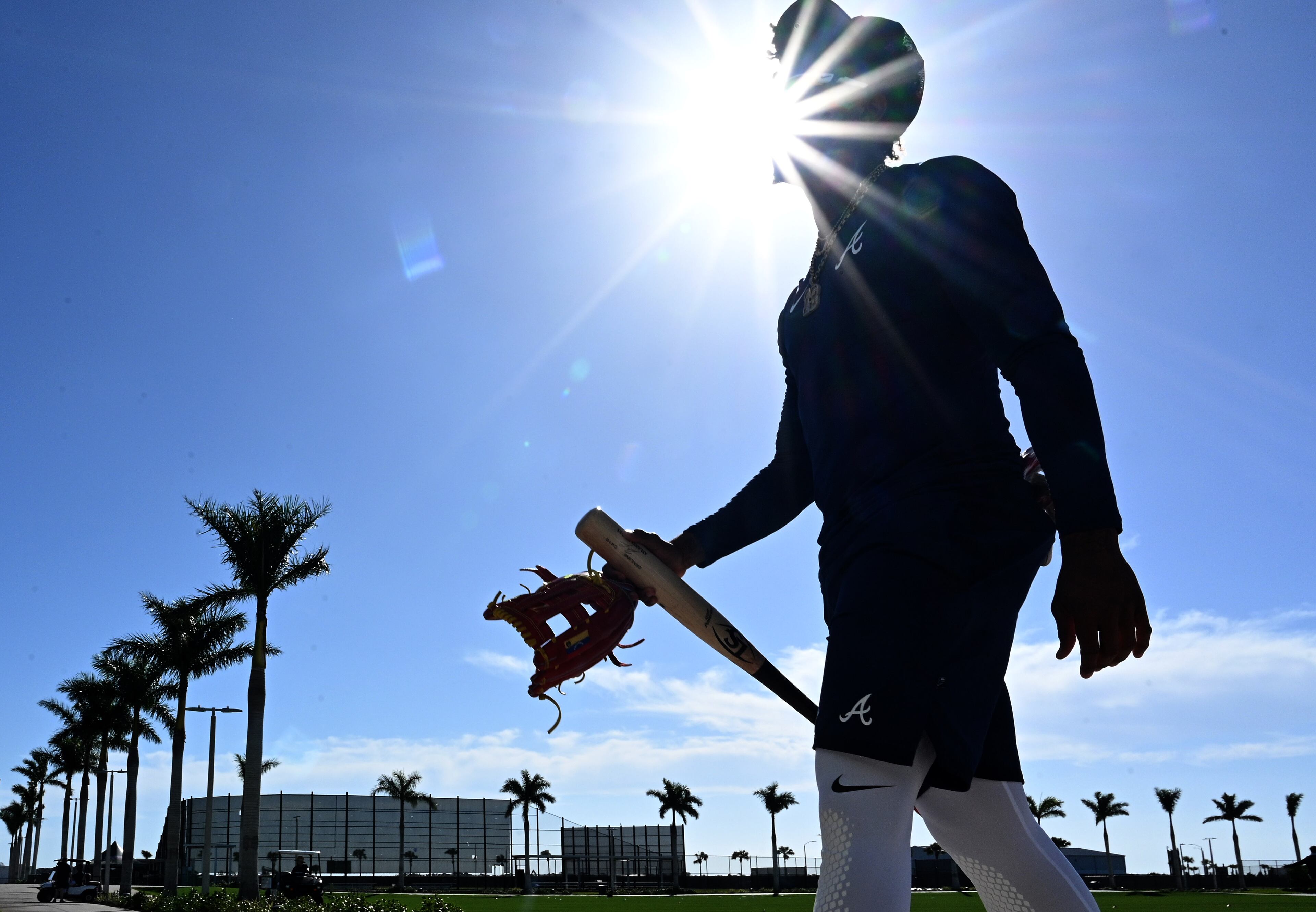 Braves right fielder Ronald Acuna prepares to work out during spring training Thursday at CoolToday Park in North Port, Florida. (Hyosub Shin / Hyosub.Shin@ajc.com)