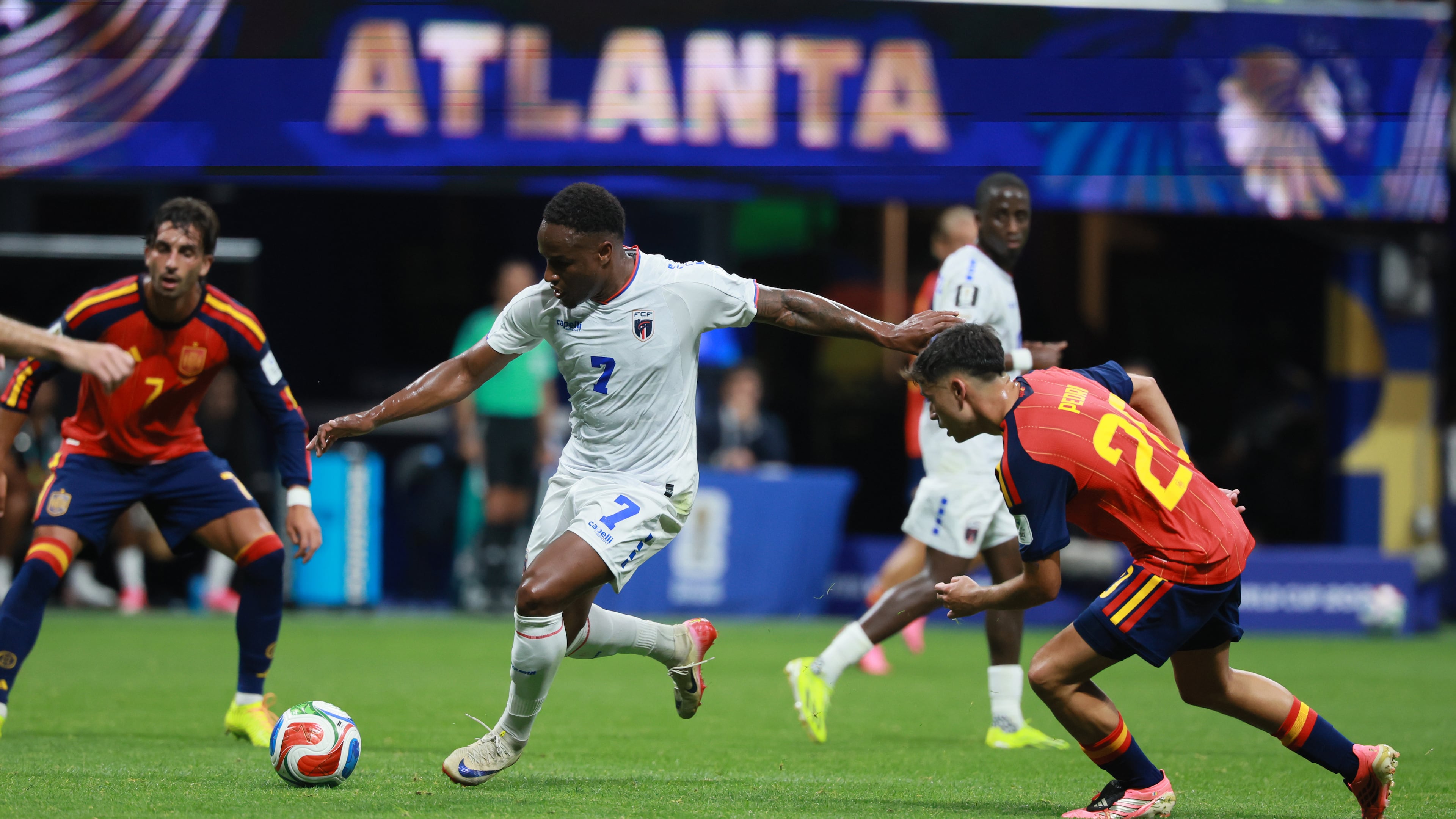 Cape Verde's Jovane Cabral (7) controls the ball against Spain's Pedri (20) during first half of Spain vs. Cape Verde Group H match at Atlanta Stadium (Mercedes-Benz Stadium) on Monday, June 15, 2026. (Jason Getz/AJC)