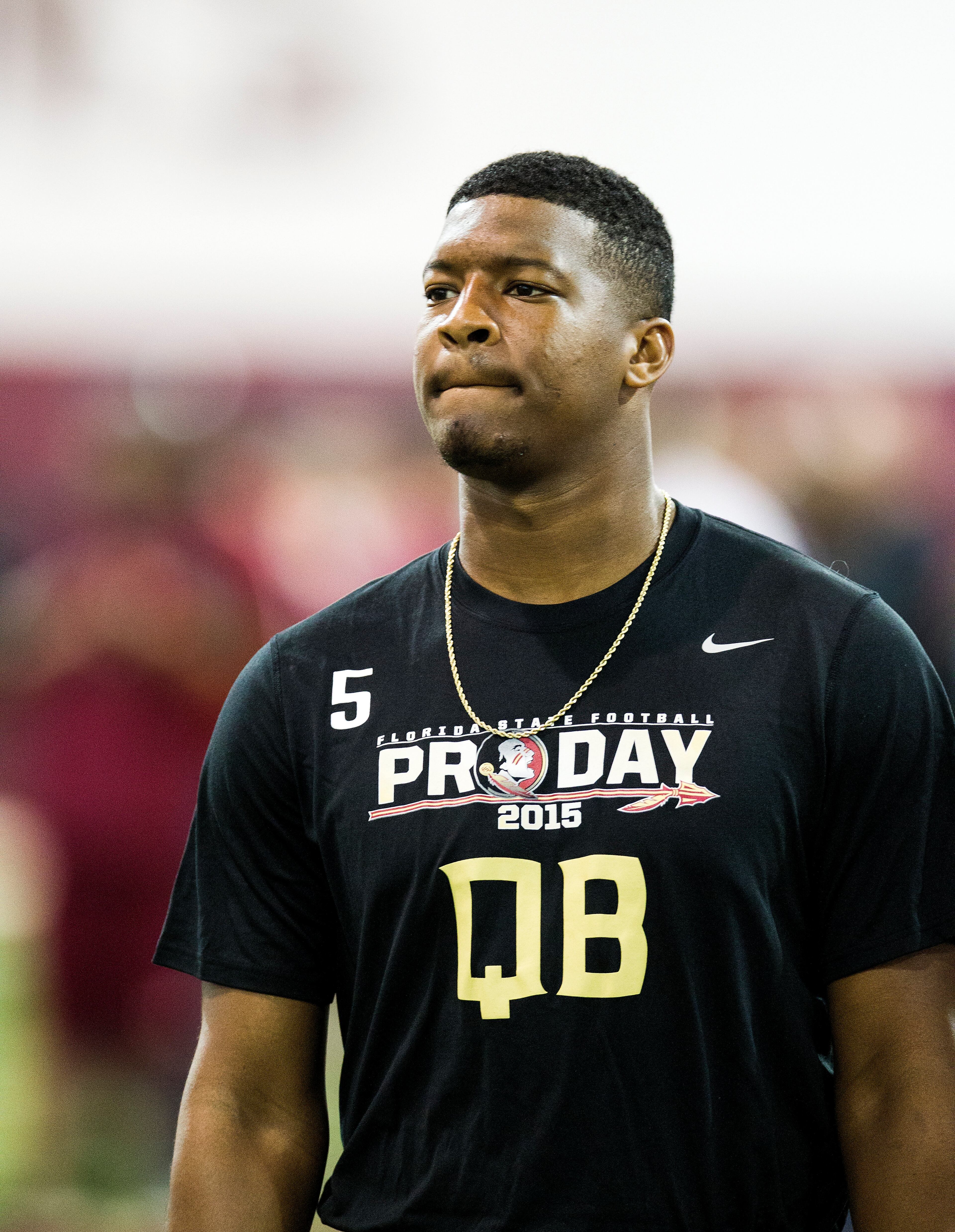 Jameis Winston walks between drills during Florida State football pro day in Tallahassee, Fla., Tuesday, March 31, 2015.