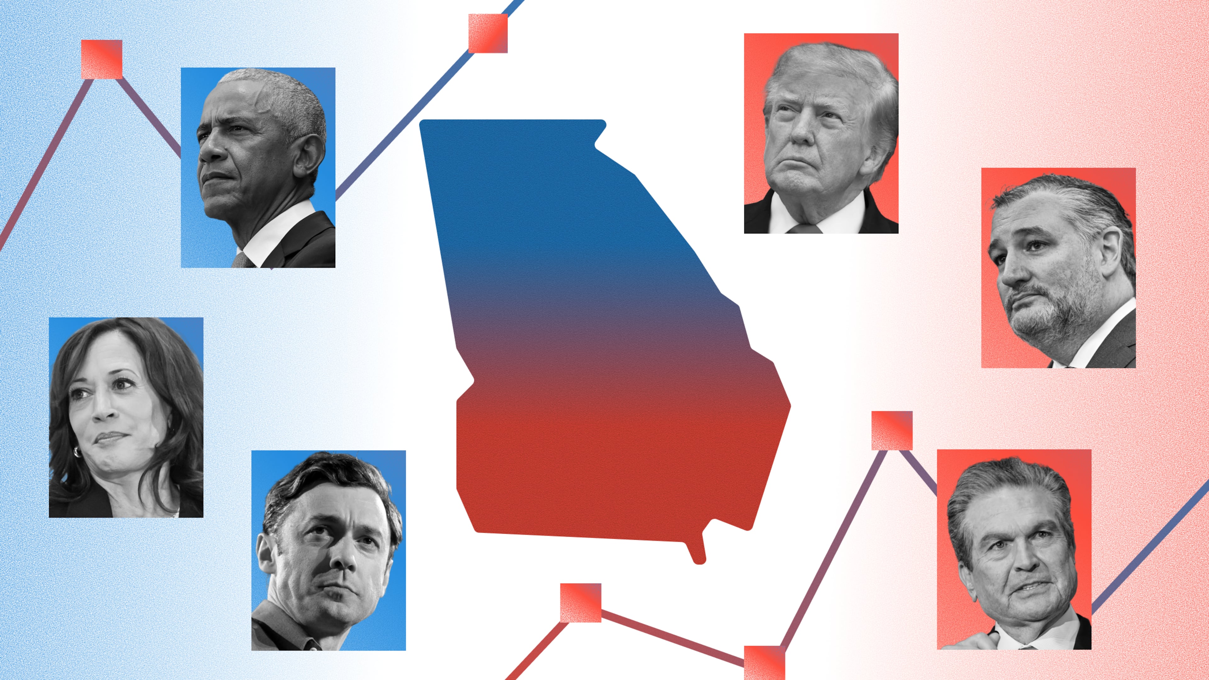 Former President Barack Obama (top left) and former Vice President Kamala Harris (center left) are headed to Georgia this week in support of Democratic U.S. Sen. Jon Ossoff (bottom left) in his reelection bid. President Donald Trump (top right) and U.S. Sen. Ted Cruz (center right) have been to Georgia to support Republican governor candidate Rick Jackson (bottom right) and other GOP candidates. (Photo Illustration: AJC | Source: Getty Images, Hyosub Shin/AJC)