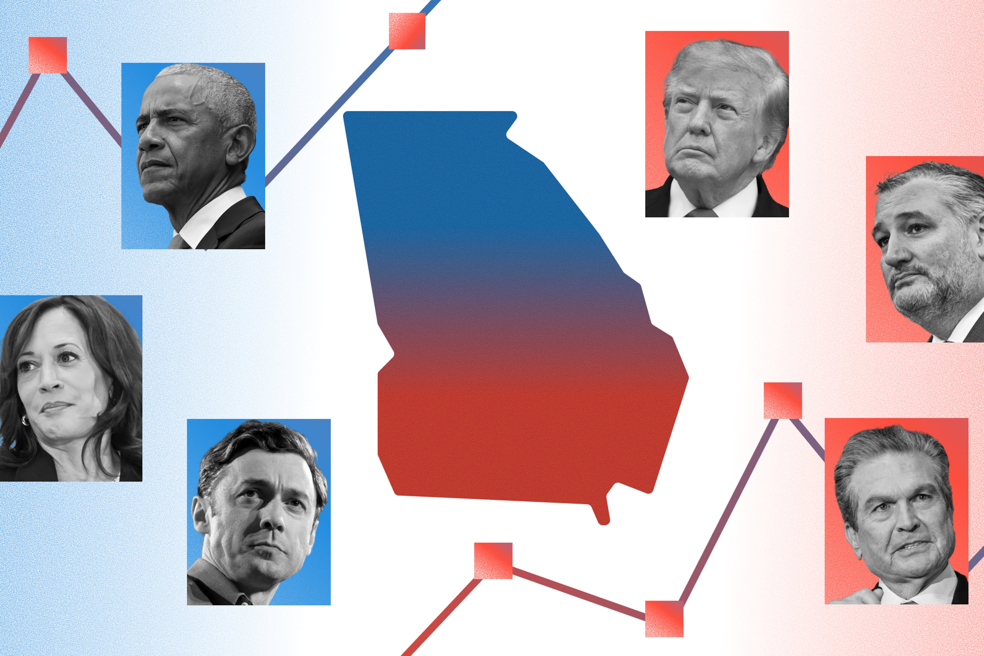 Former President Barack Obama (top left) and former Vice President Kamala Harris (center left) are headed to Georgia this week in support of Democratic U.S. Sen. Jon Ossoff (bottom left) in his reelection bid. President Donald Trump (top right) and U.S. Sen. Ted Cruz (center right) have been to Georgia to support Republican governor candidate Rick Jackson (bottom right) and other GOP candidates. (Photo Illustration: AJC | Source: Getty Images, Hyosub Shin/AJC)