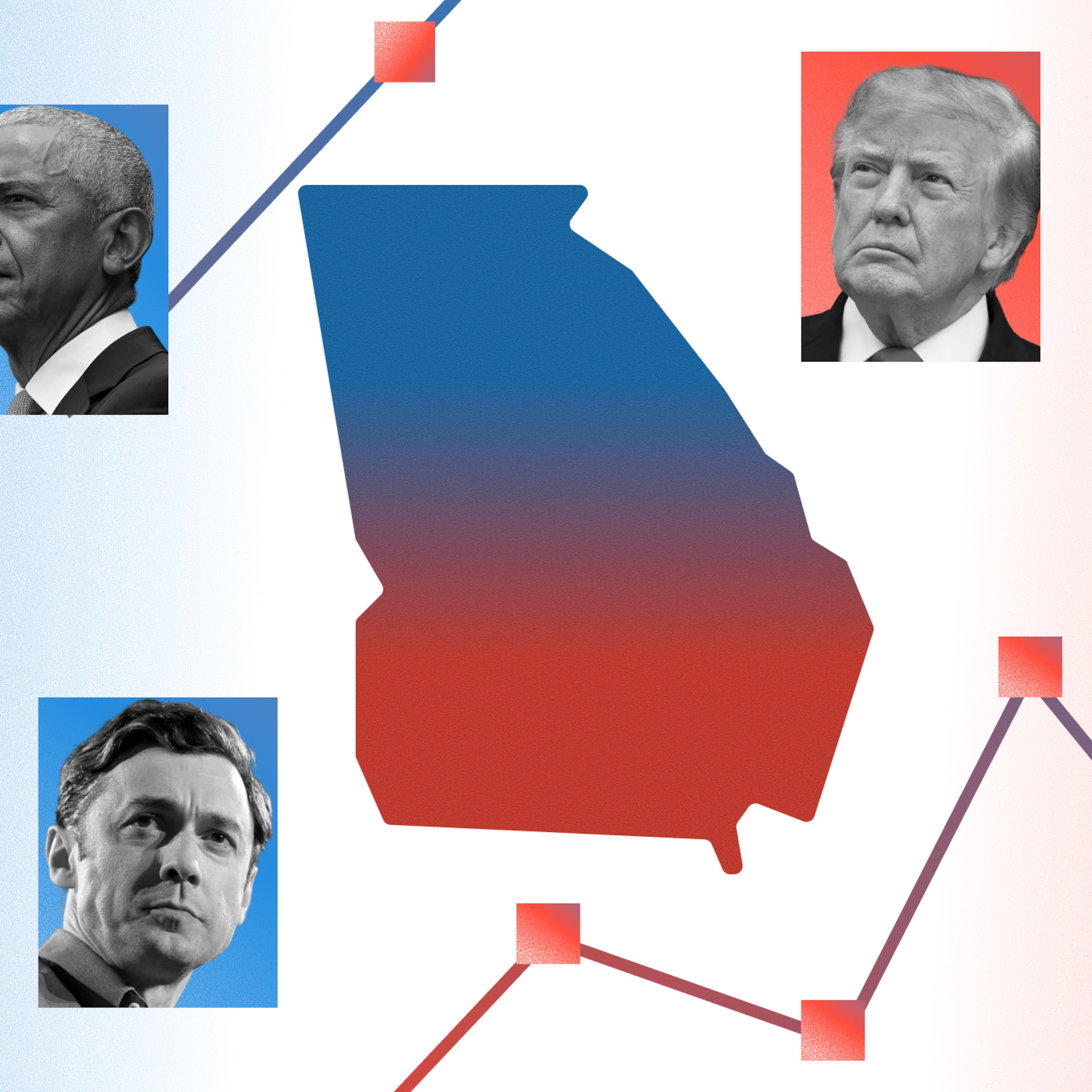 Former President Barack Obama (top left) and former Vice President Kamala Harris (center left) are headed to Georgia this week in support of Democratic U.S. Sen. Jon Ossoff (bottom left) in his reelection bid. President Donald Trump (top right) and U.S. Sen. Ted Cruz (center right) have been to Georgia to support Republican governor candidate Rick Jackson (bottom right) and other GOP candidates. (Photo Illustration: AJC | Source: Getty Images, Hyosub Shin/AJC)