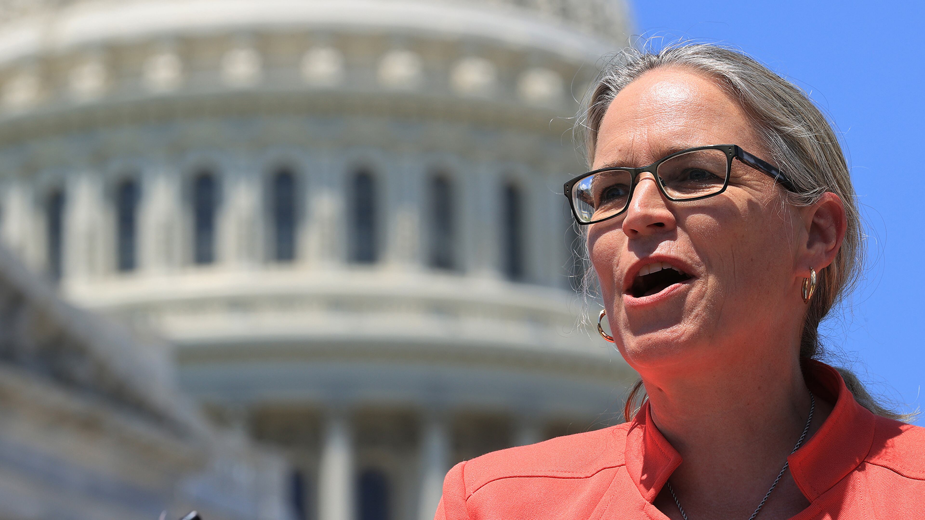 Rep. Carolyn Bourdeaux, D-Ga., speaks during a news conference with fellow New Democrat Coalition members outside the U.S. Capitol on May 19, 2021, in Washington, D.C. (Chip Somodevilla/Getty Images/TNS)