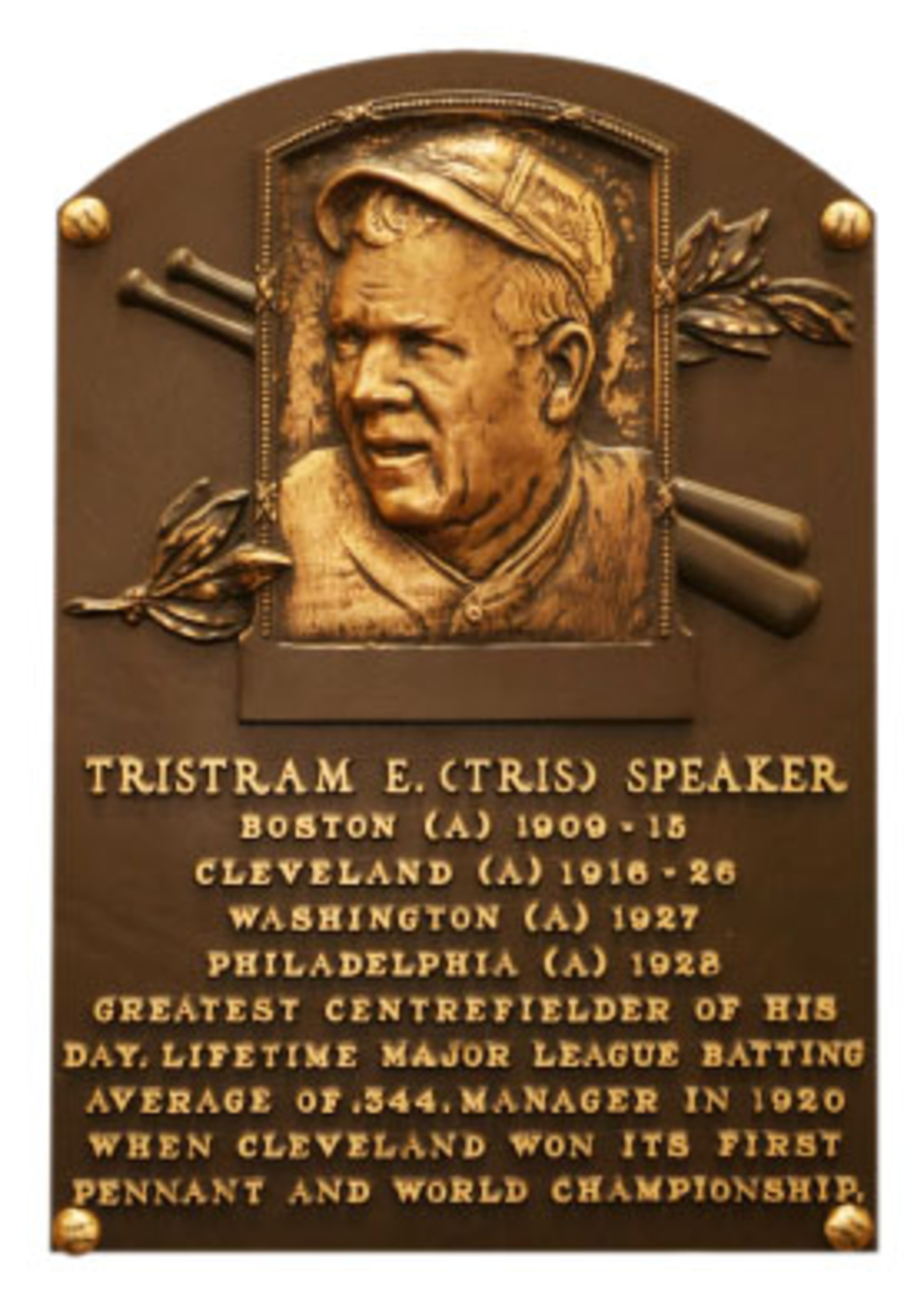 Tris Speaker: Center fielder, who played for the Boston Red Sox (1907-1915); Cleveland Indians (1916-1926); Washington Senators (1927); and Philadelphia A's (1928). He was elected to the Hall of Fame by Baseball Writers in 1937. Speaker still holds the career marks for doubles (793).