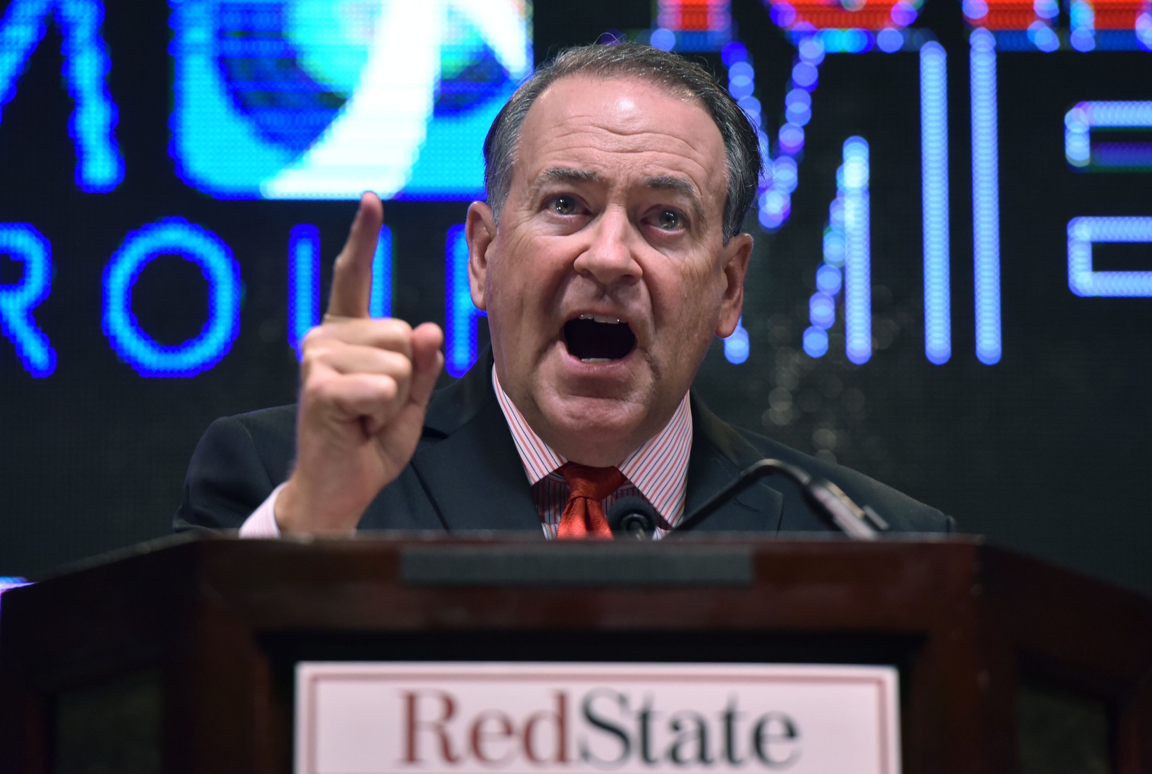 August 8, 2015 Atlanta - Former Arkansas Gov. Mike Huckabee speaks during the RedState Gathering at Intercontinental Buckhead Hotel on Saturday, August 8, 2015. The organizer of the RedState Gathering has rescinded the Republican presidential candidate's invitation to speak at a Saturday evening rally at the College Football Hall of Fame. Erick Erickson said the billionaire's comments about Fox News anchor Megyn Kelly were "a bridge too far." Trump told CNN on Friday that "you could see there was blood coming out of her eyes. Blood coming out of her wherever" as she questioned him during Thursday's Republican presidential debate.HYOSUB SHIN / HSHIN@AJC.COM