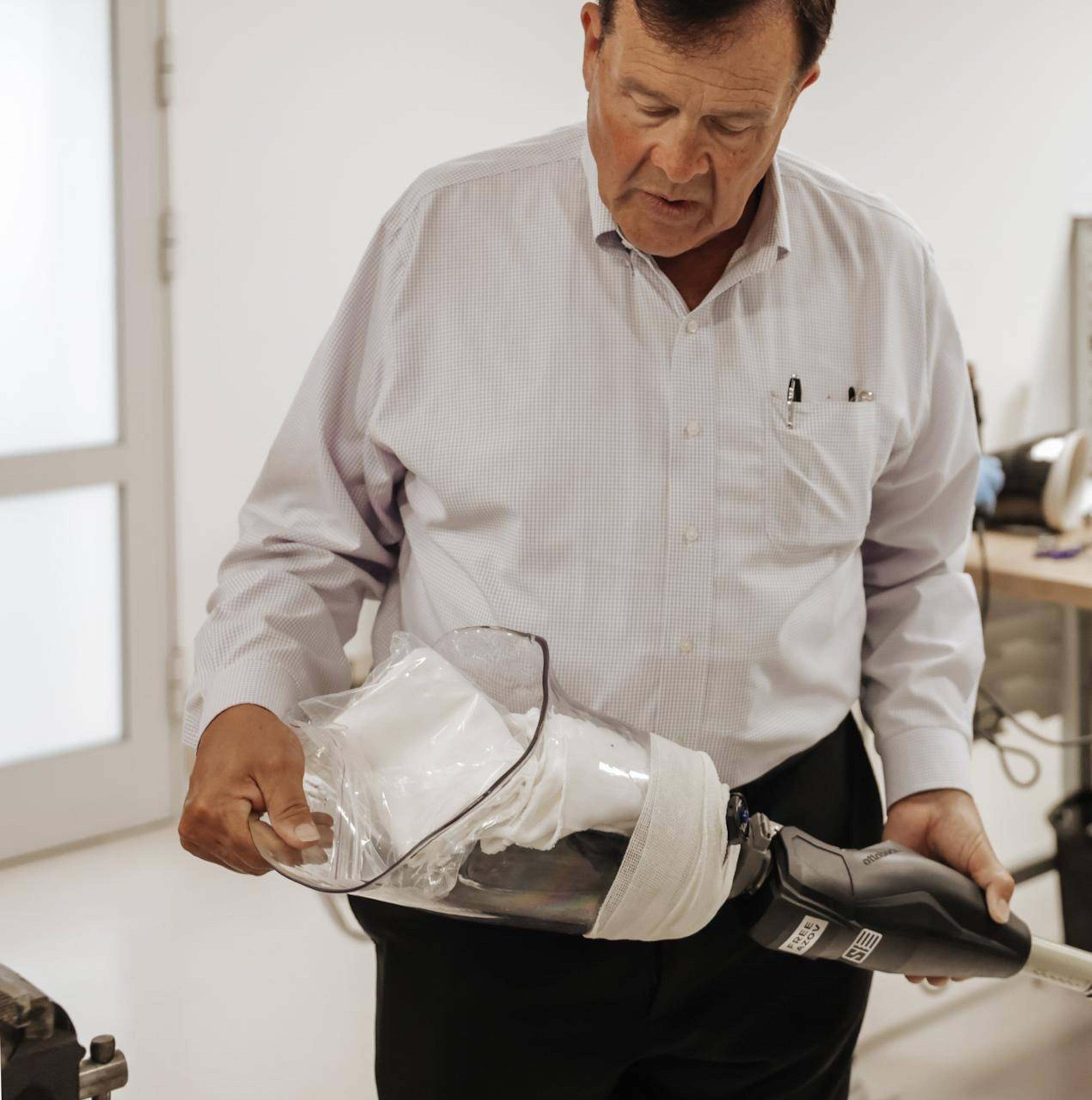 Emory Morsberger holds a prosthetic arm created and provided by a Superhumans Center in Lviv, Ukraine. All Superhumans services are provided free of charge. (Courtesy of Olga Gorman)