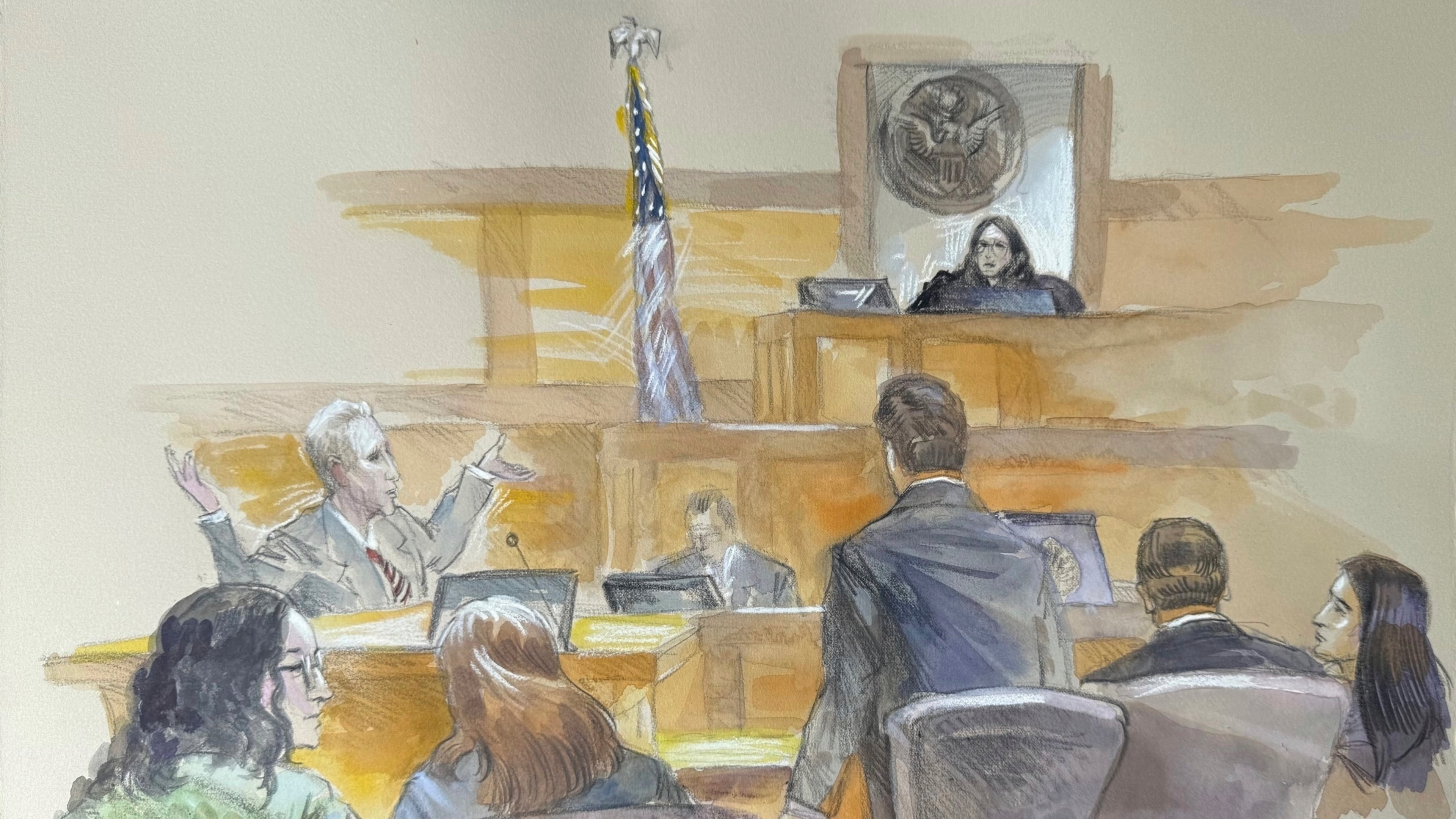 FILE - This courtroom sketch shows Ryan Routh, left, throwing his arms up directed at U.S. District Judge Aileen Cannon in frustration as jury selection begins in the trial of Routh, who is charged with attempting to assassinate Donald Trump last year at a golf course in South Florida, Monday, Sept. 8, 2025, in Fort Pierce, Fla. (Lothar Speer via AP, File)
